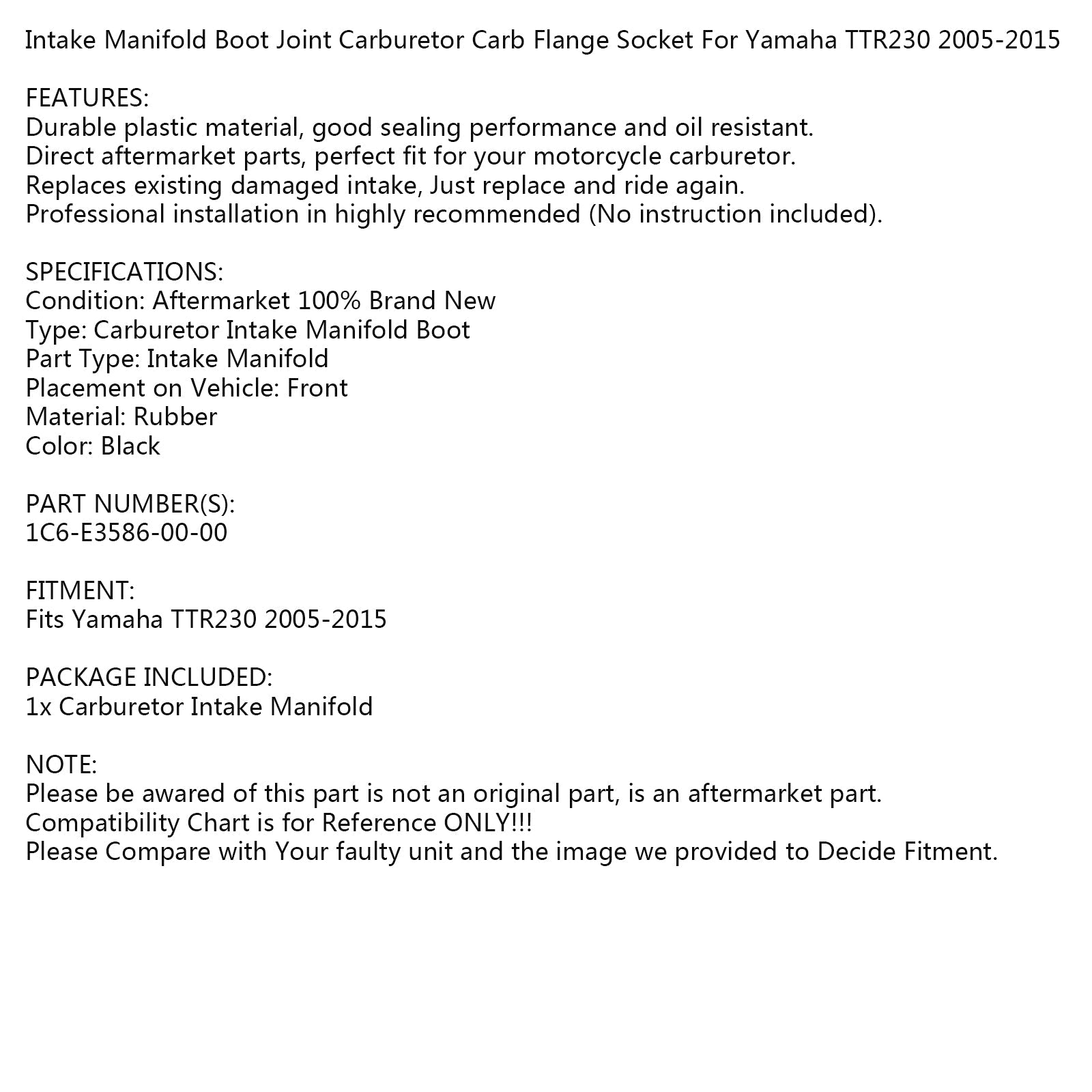 야마하 TTR230 2005-2015 1C6-E3586-00 제네릭 기화기 흡기 매니폴드 부트 플랜지