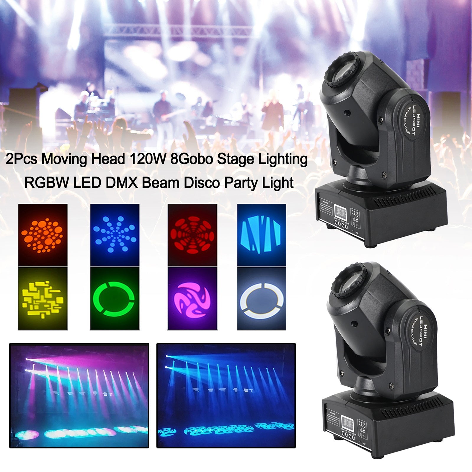 2개/4개 120W 8고보 무빙 헤드 무대 조명 RGBW LED DMX 빔 디스코 파티 조명