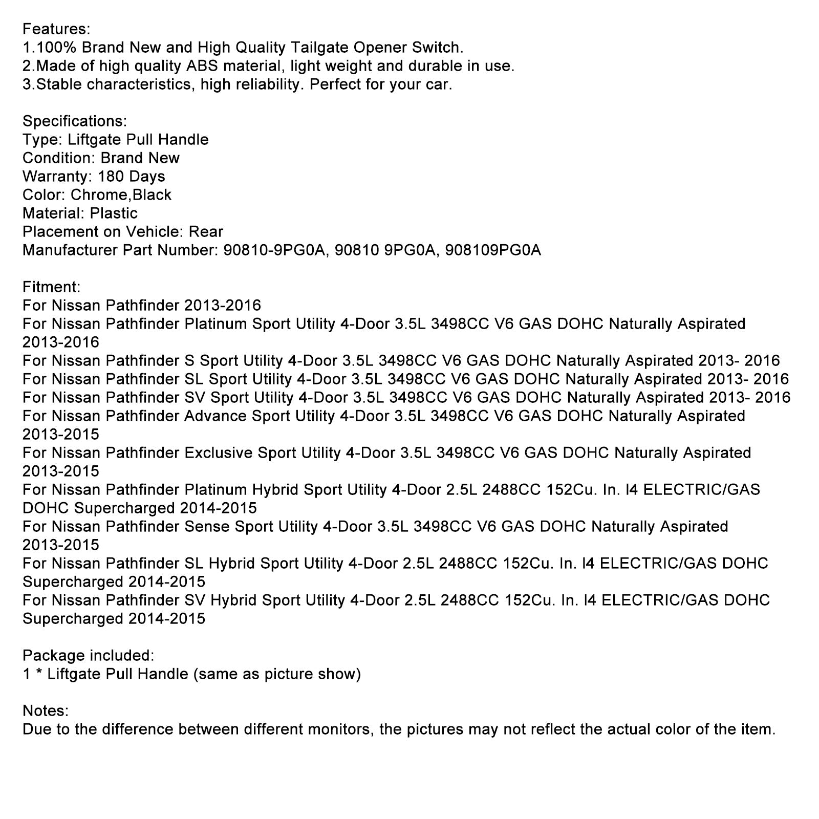2014-2020 닛산 패스파인더 플래티넘 하이브리드 스포츠 유틸리티 4도어 2.5L 크롬 리어 리프트게이트 핸들 90810-9PG0A
