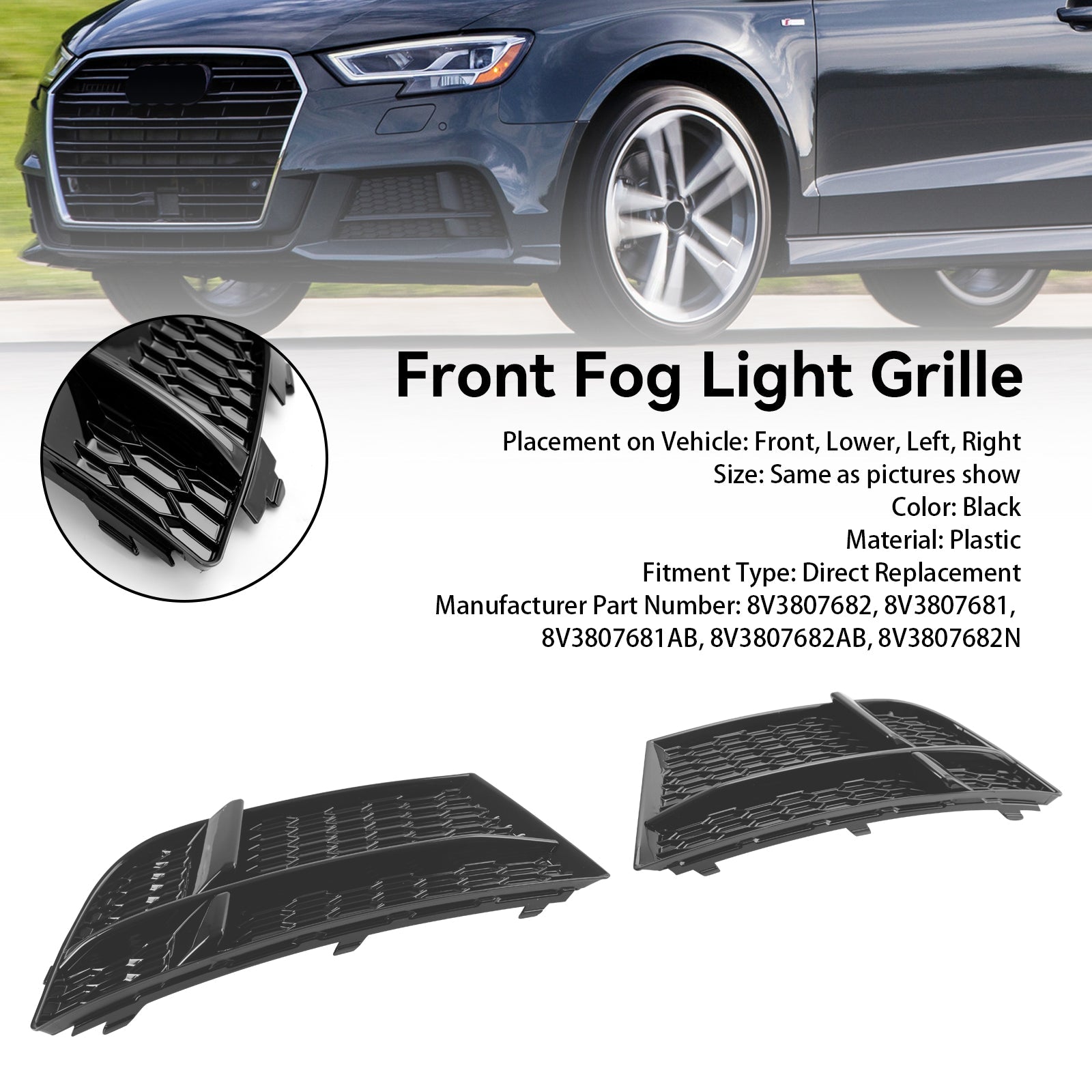 Front Fog Light Cover Bezel Grill Grille Fit AUDI A3 8V S-LINE 2017-2019