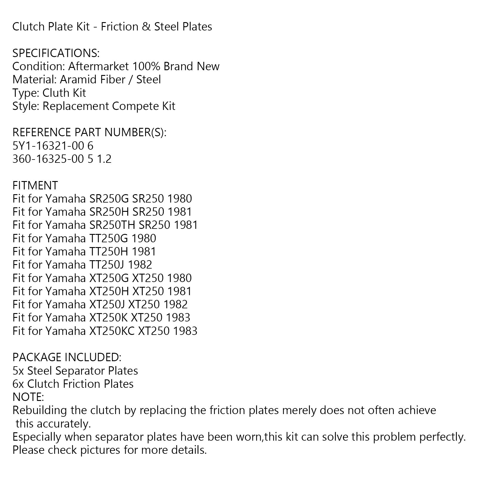 Yamaha SR250 G/H/TH TT250 XT250 G/H 일반용 클러치 키트 스틸 및 마찰판
