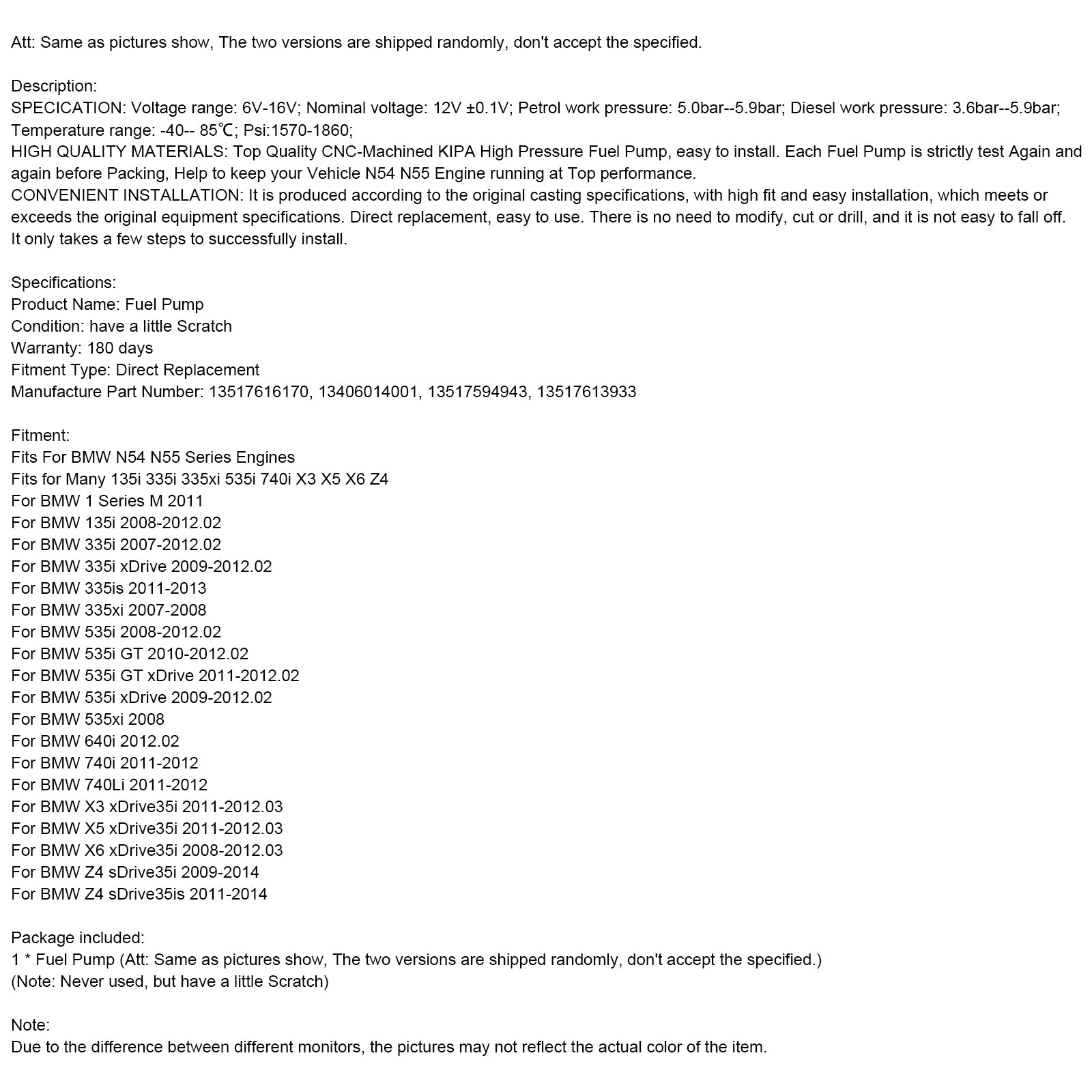 BMW 535xi 2008 / 640i 2012.02 High Pressure Fuel Pump 13517616170 13406014001