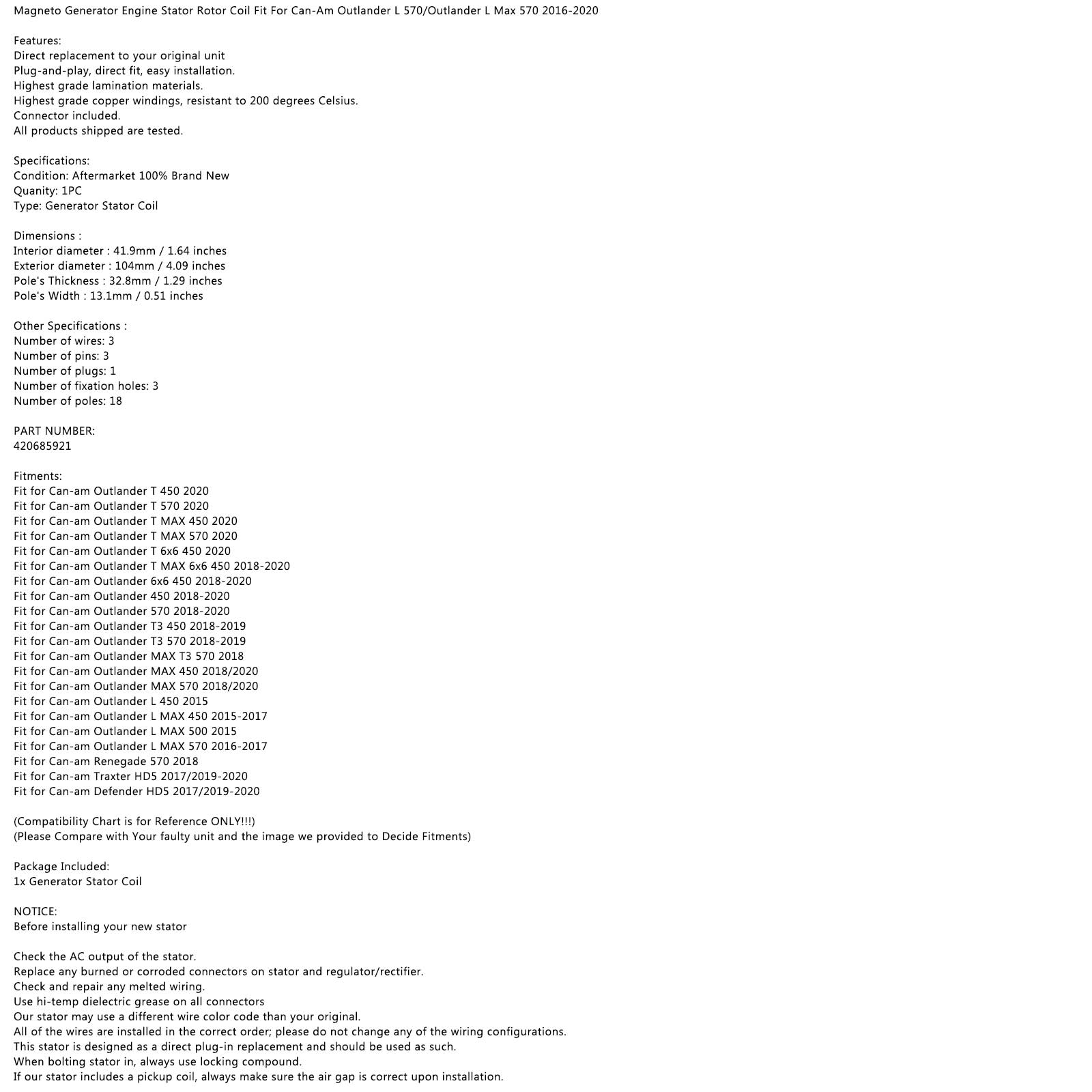 Stator Generator Fit for Can-Am Outlander L 570/Outlander L Max 570 2016-2019
