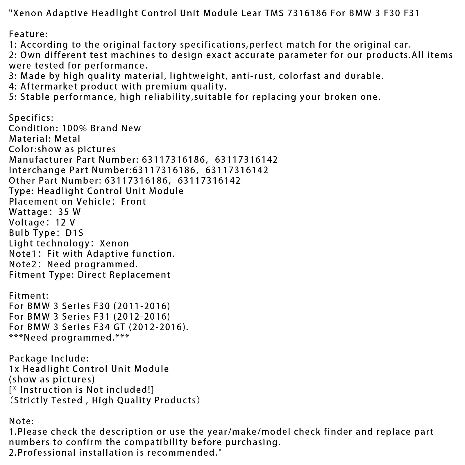 2012-2016 BMW 3 Series F34 GT Xenon Adaptive Headlight Control Unit Module Lear TMS 7316186