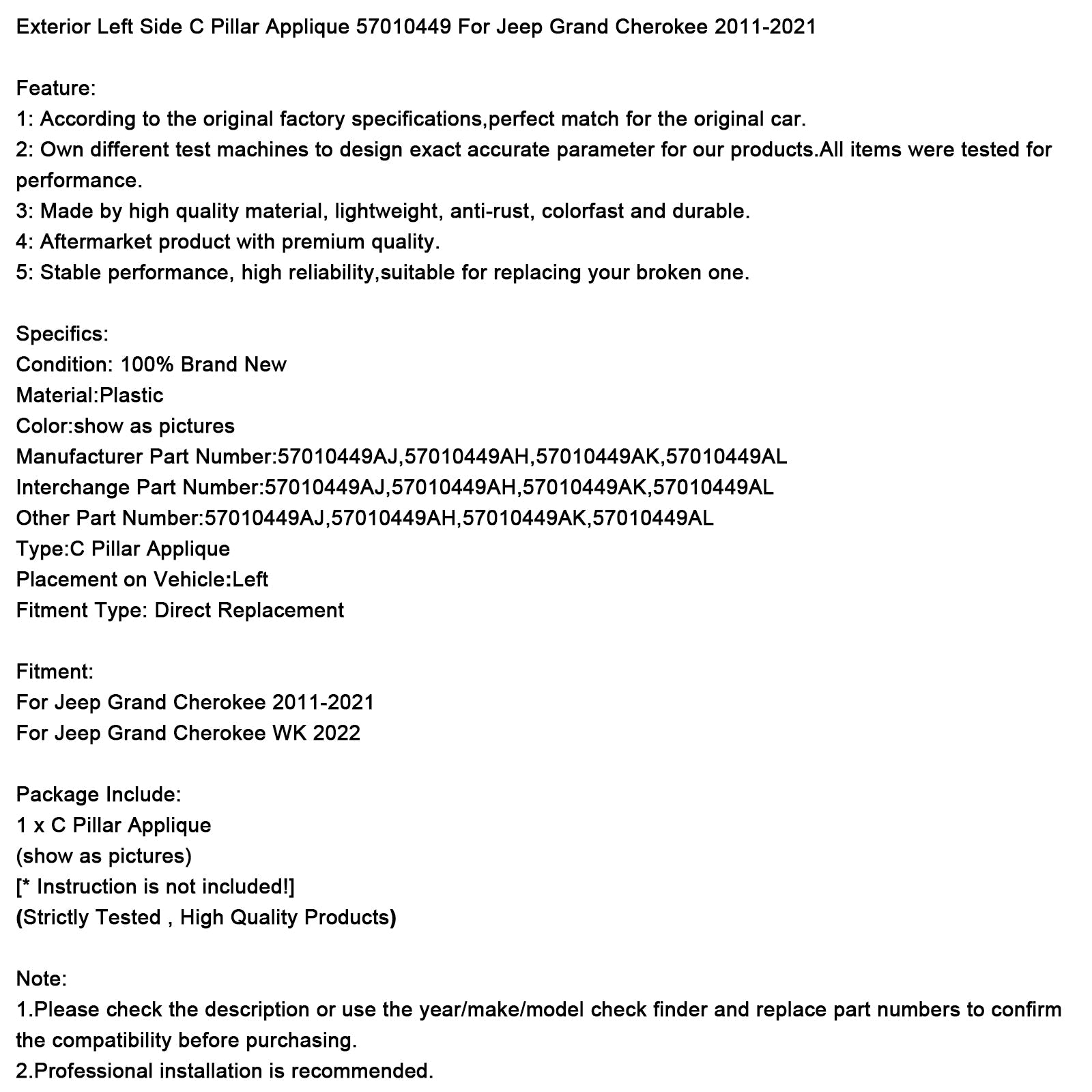 Exterior Left Side C Pillar Applique 57010449 For Jeep Grand Cherokee 11-21