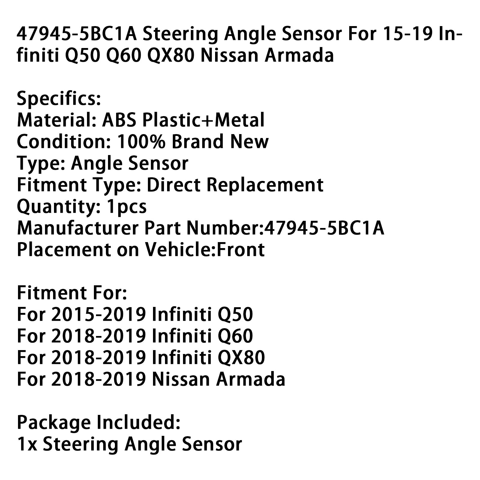 47945-5BC1A Steering Angle Sensor For 15-19 Infiniti Q50 Q60 QX80 Nissan Armada