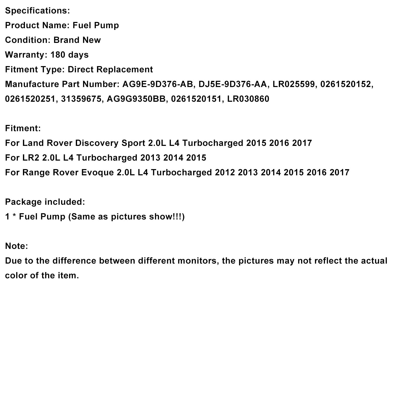 2013 2014 2015 LR2 2.0L L4 Turbocharged High Pressure Fuel Pump LR025599