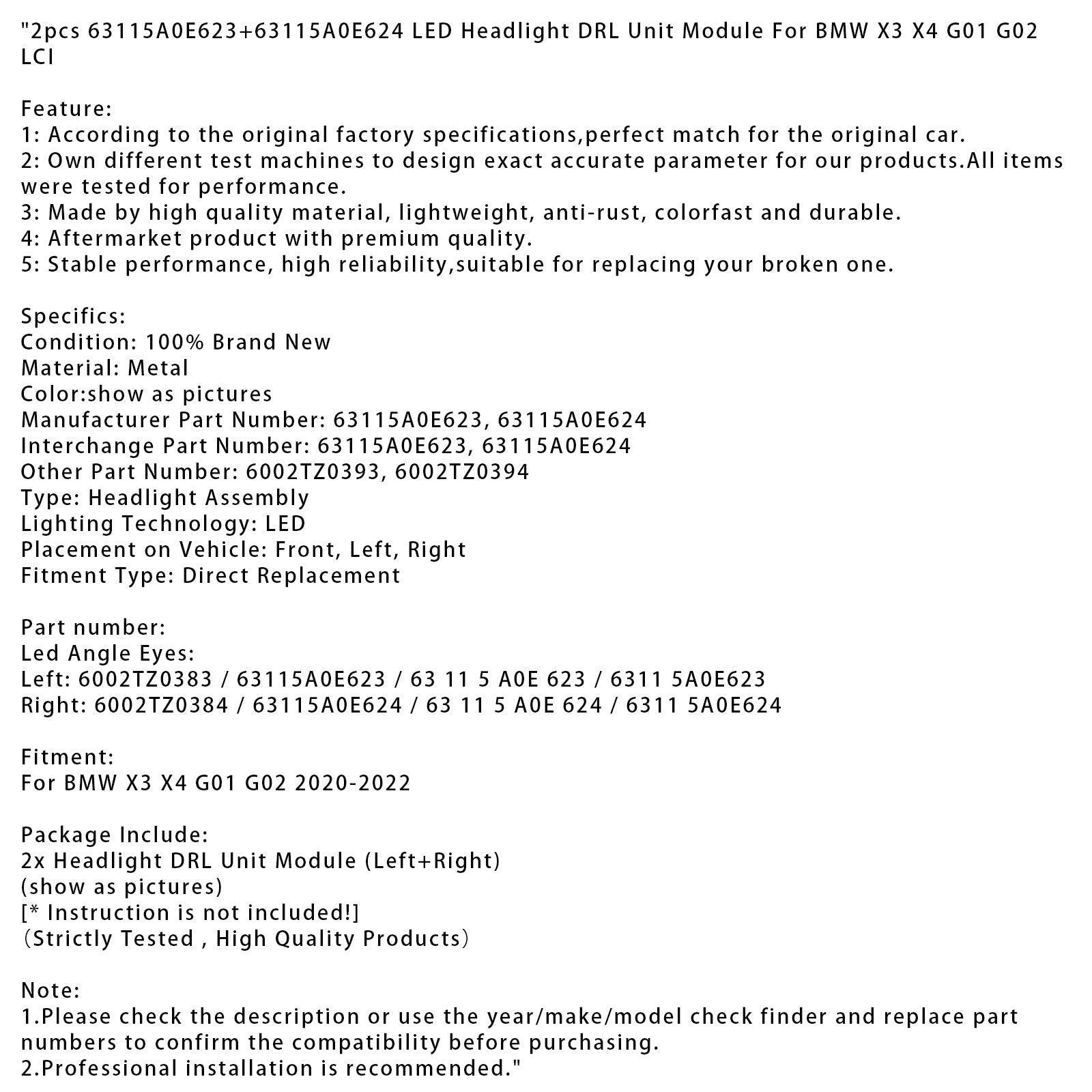 2020-2022 BMW X3 X4 G01 G02 2pcs LED Headlight DRL Unit Module 63115A0E623+63115A0E624
