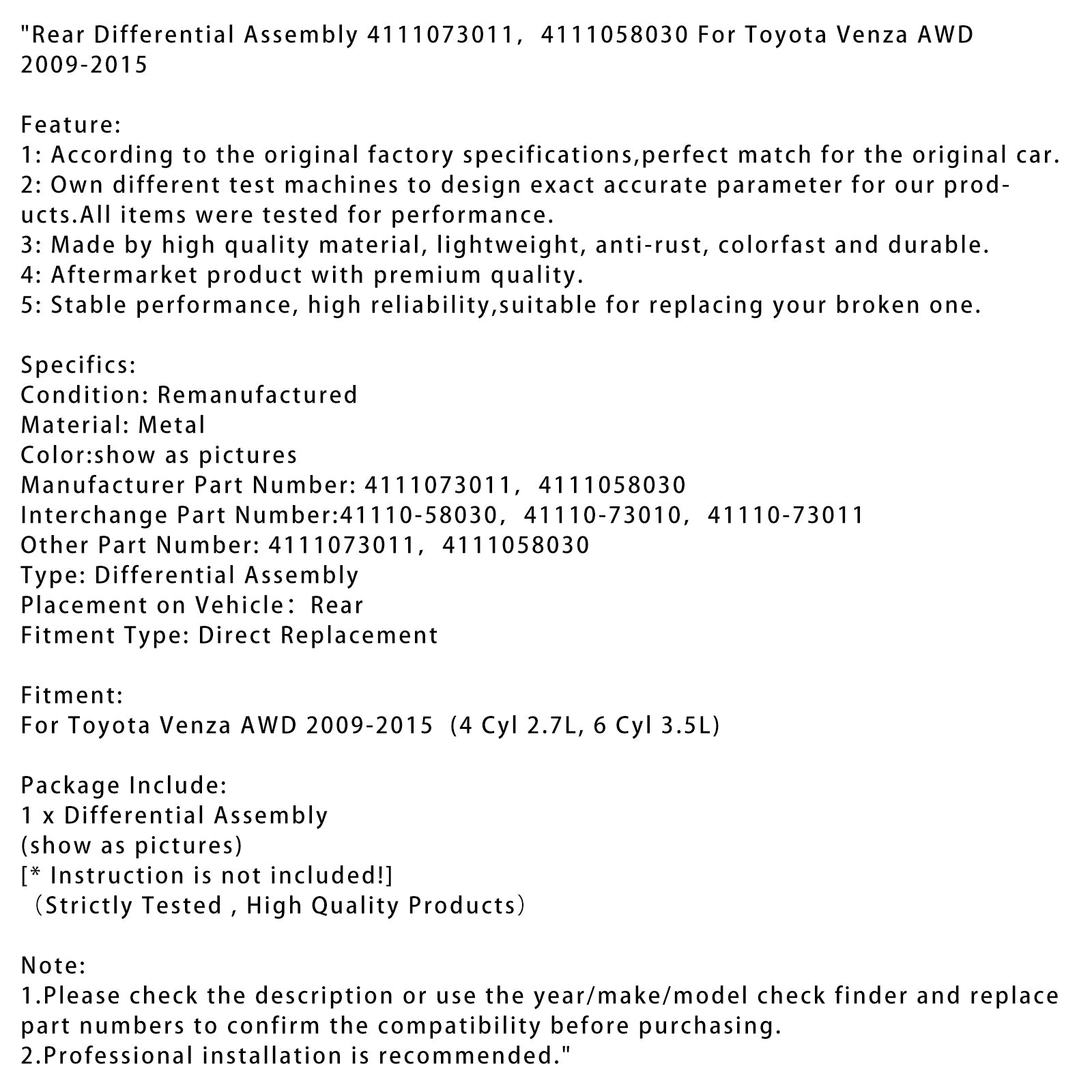 Rear Differential Assembly 4111073011 4111058030 For Toyota Venza AWD 2009-2015