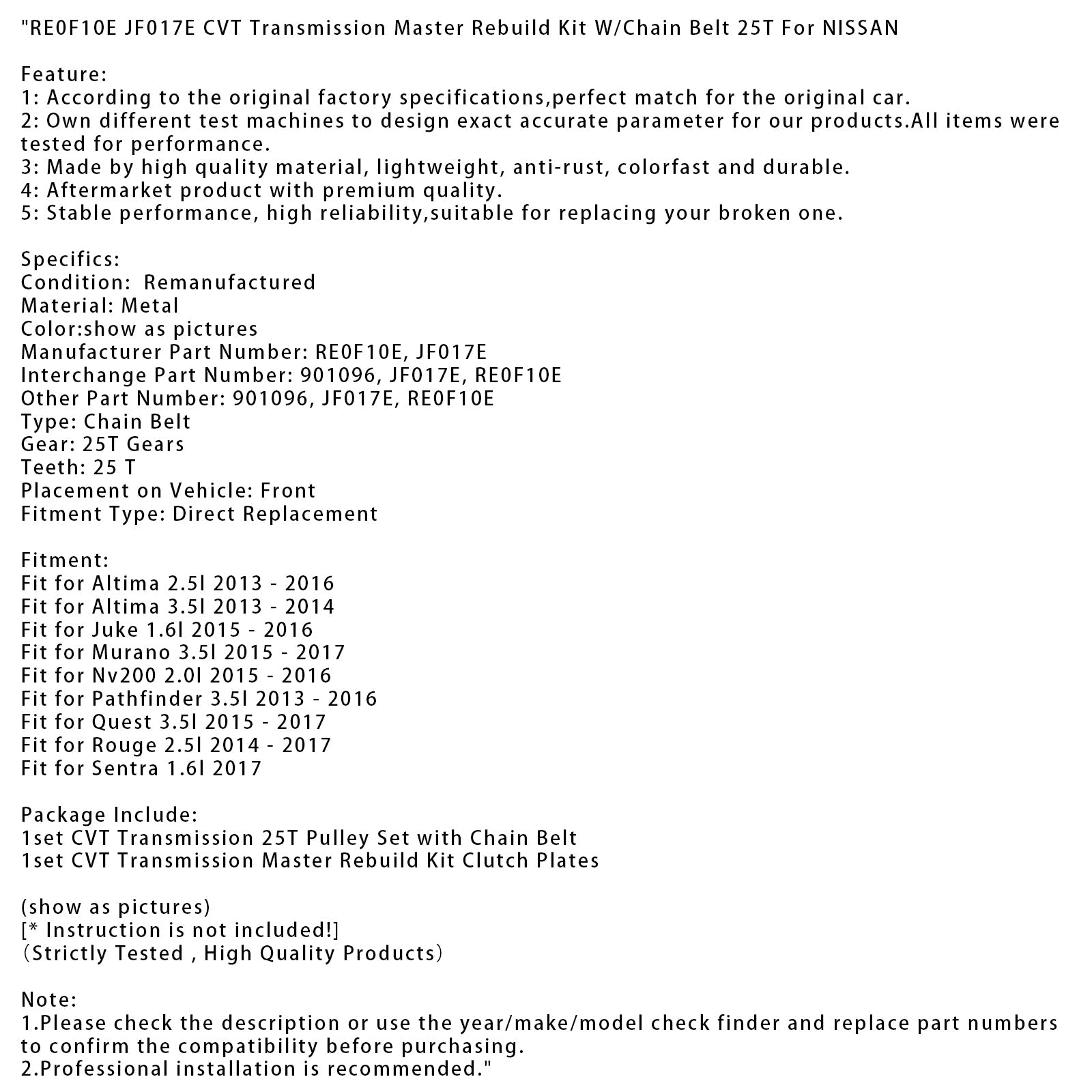 2013-2016 Altima 2.5l RE0F10E JF017E CVT Transmission Master Rebuild Kit W/Chain Belt 25T