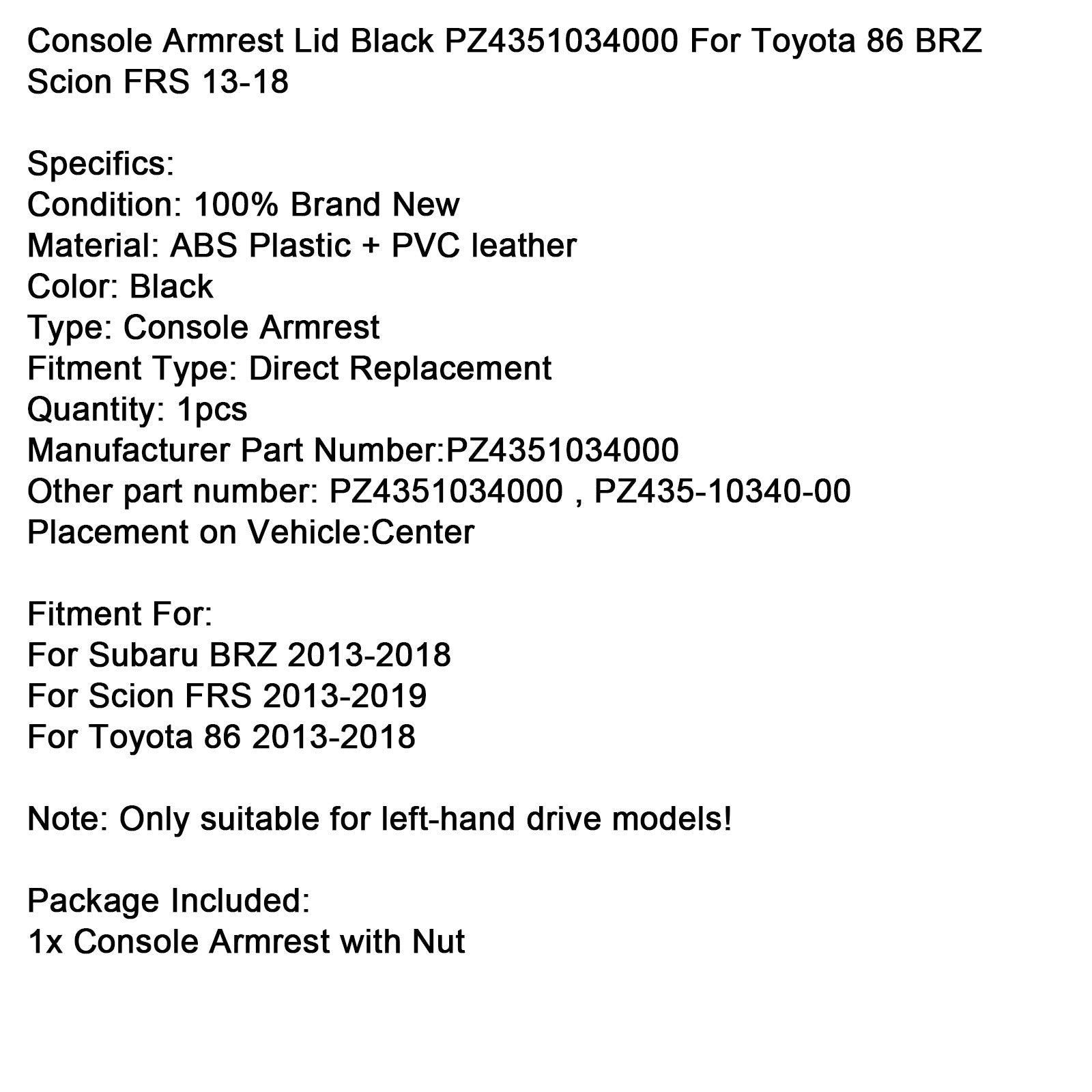Console Armrest Lid Black PZ4351034000 For Toyota 86 / BRZ / Scion FRS 13-18