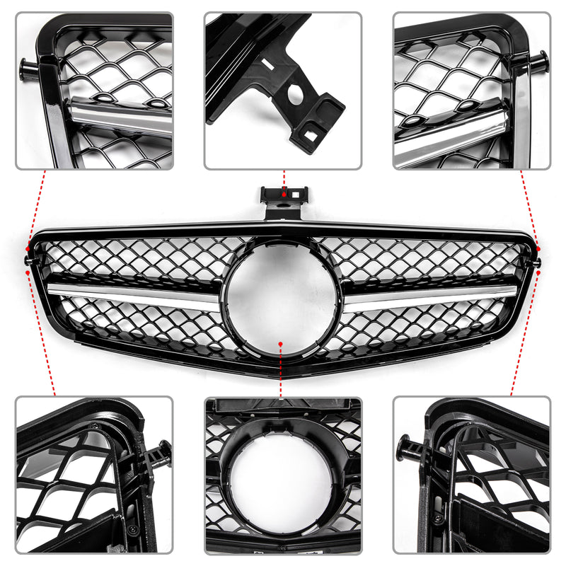 Rejilla de parachoques delantero cromada negra brillante ABS compatible con Clase C Benz W204 C300 C350 08-14