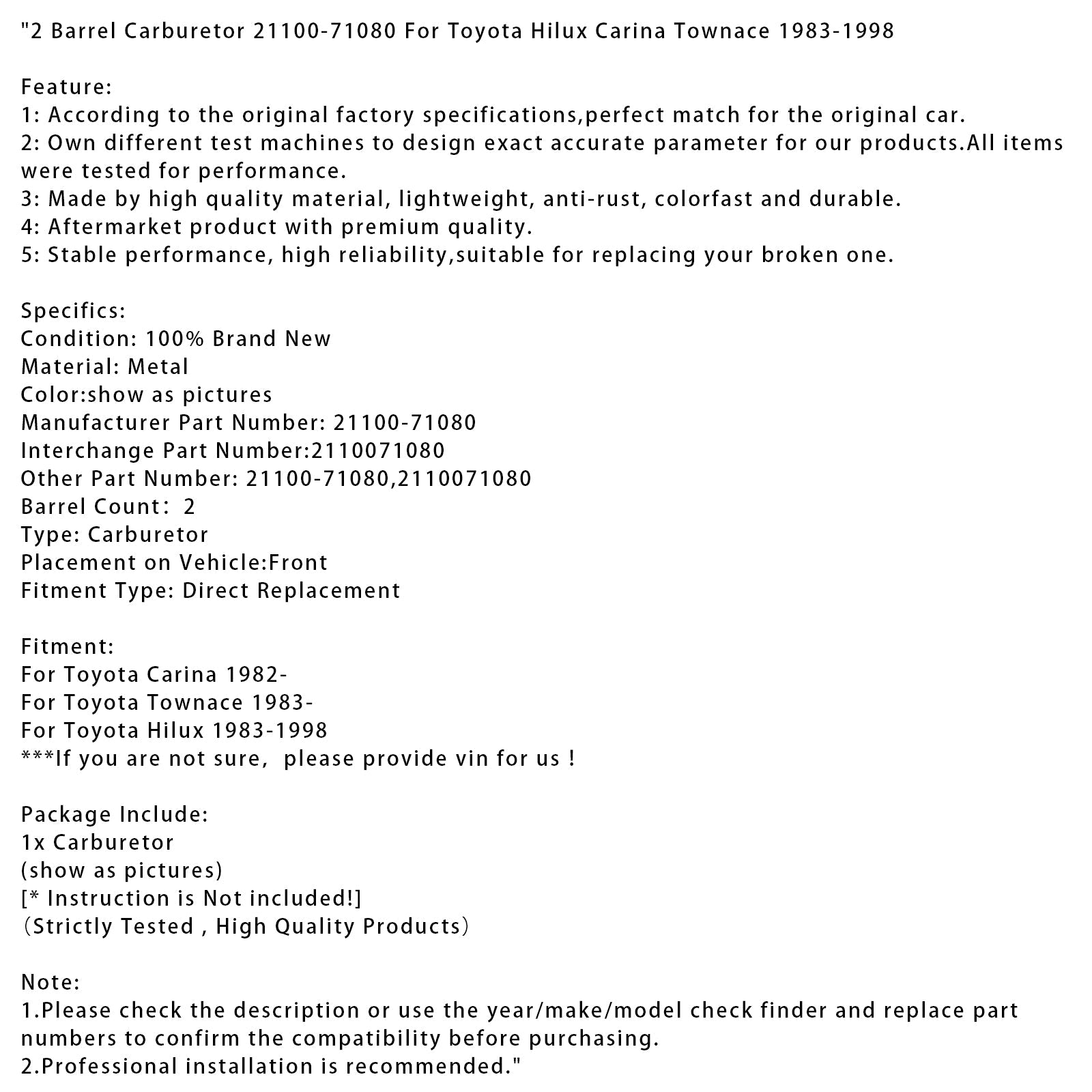 1982-on Toyota Carina 2 Barrel Carburetor 21100-71080