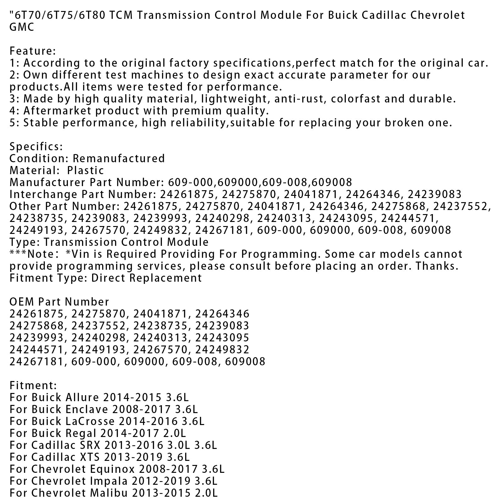 2007-2009 Saturn Outlook 3.6L TCM Transmission Control Module 6T70/6T75/6T80