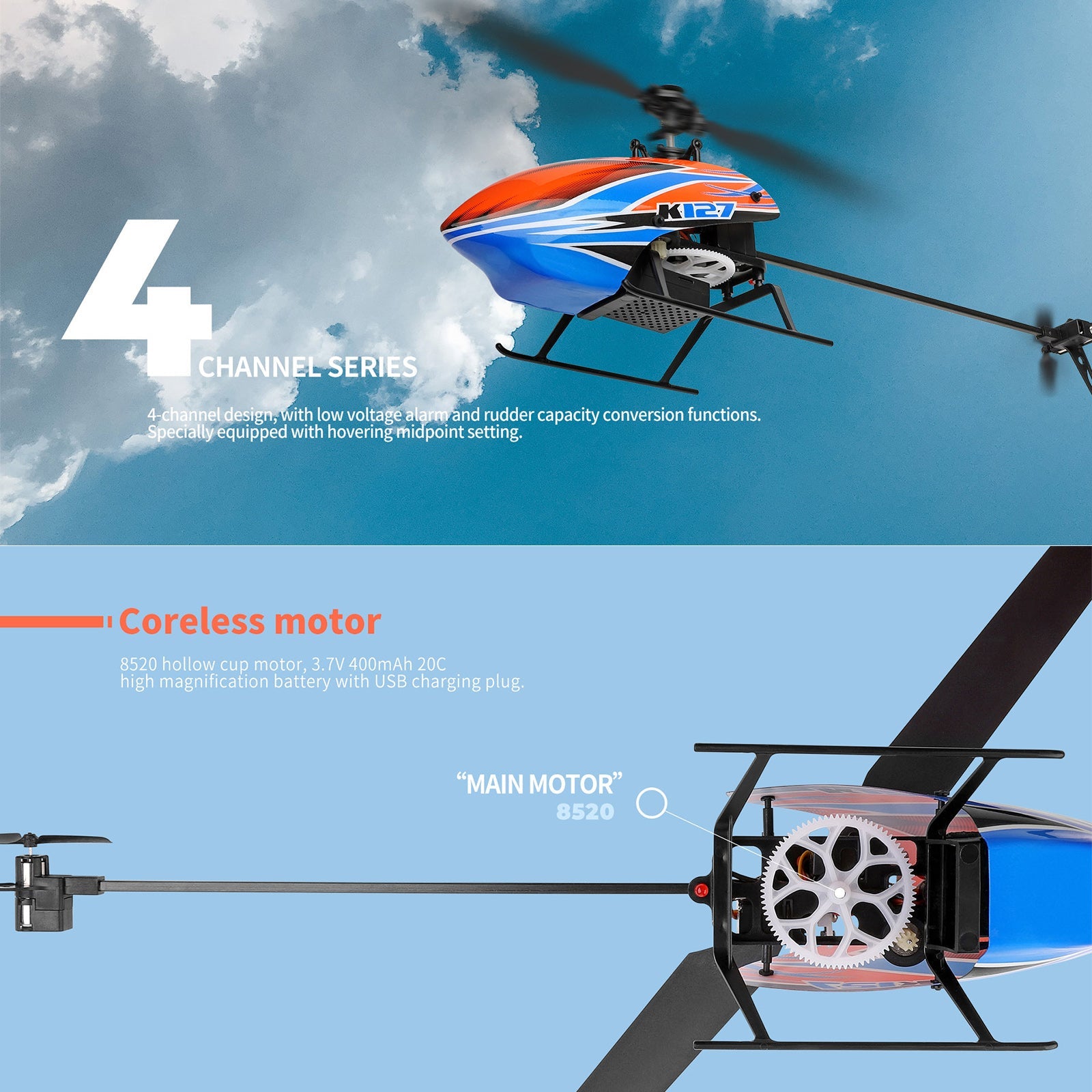 Wltoys K127 Helicopter 2.4G 4CH 6-Aixs Gyroscope Hover RC Helicopter RTF Toy