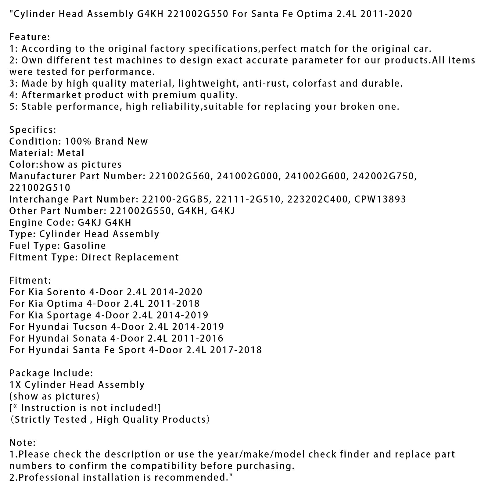 2014-2020 Kia Sorento 4-Door 2.4L Cylinder Head Assembly G4KH 221002G550 CPW13893