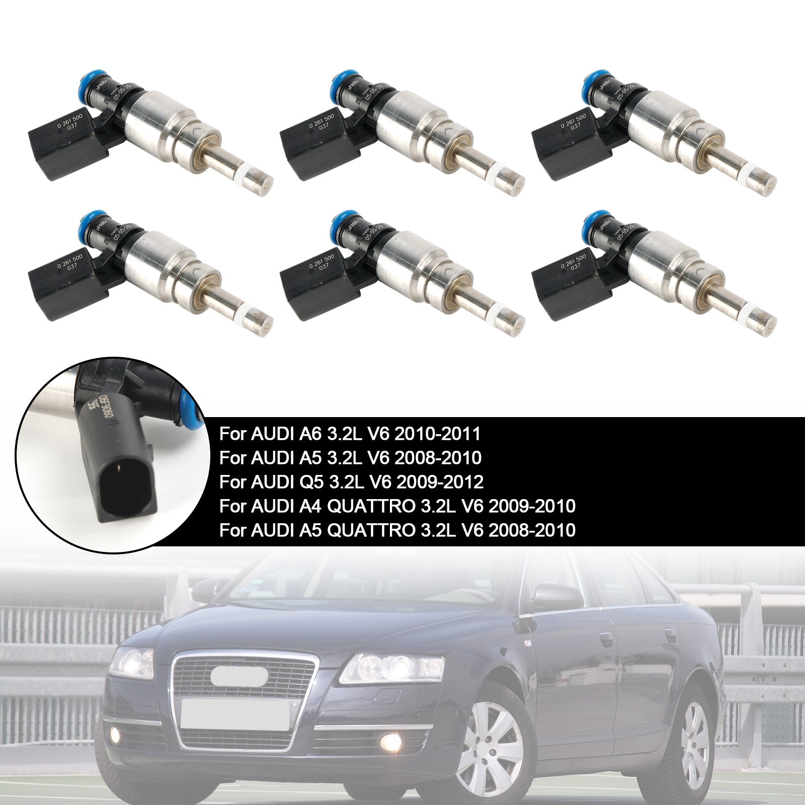 6PCS Fuel Injector 06E906036F Fit Audi Q5 A4 A5 A6 3.2L V6 2008-2011 0261500037