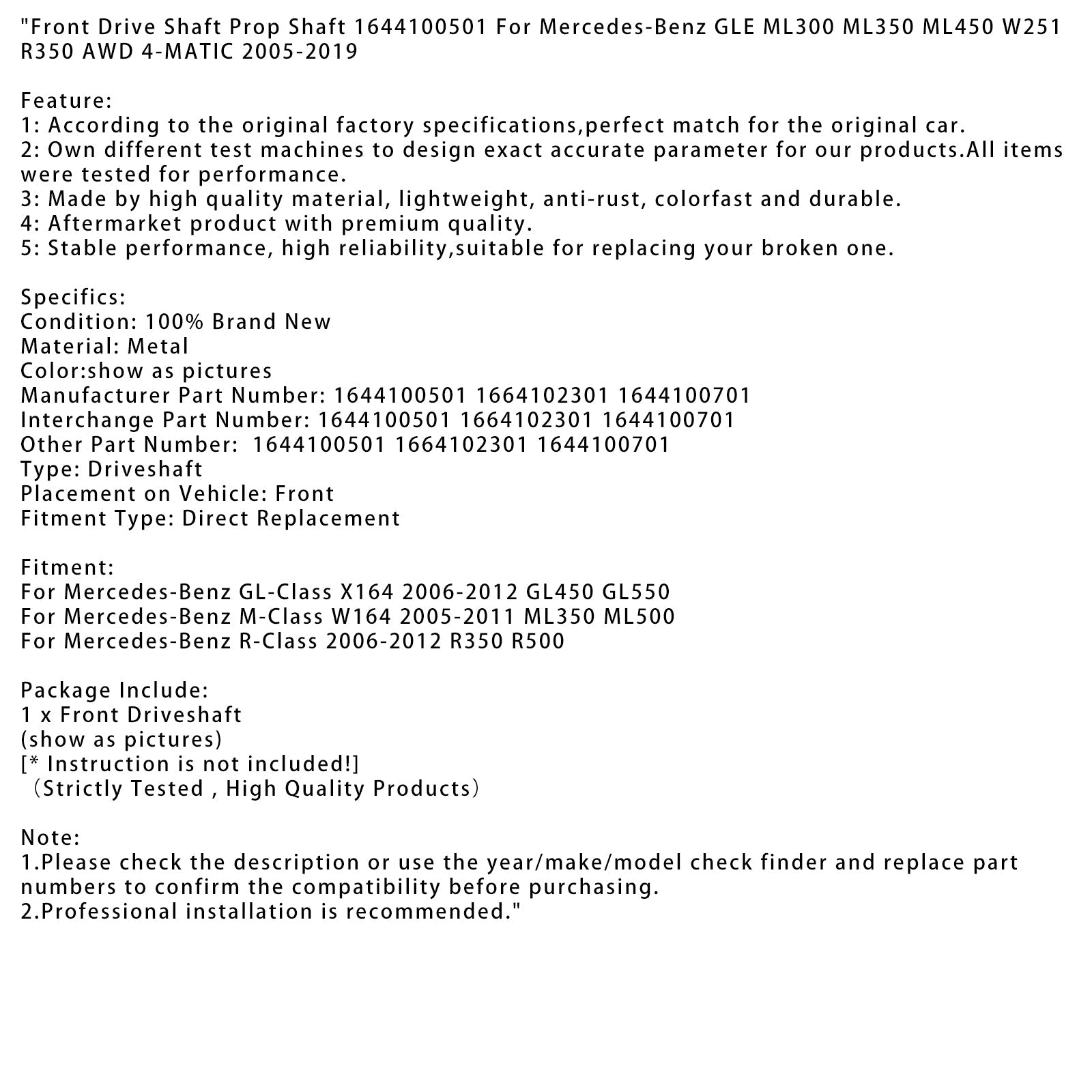 2006-2012 메르세데스-벤츠 GL-클래스 X164 GL450 GL550 프론트 드라이브 샤프트 프로펠러 샤프트 1644100501 1644100701 1664102301