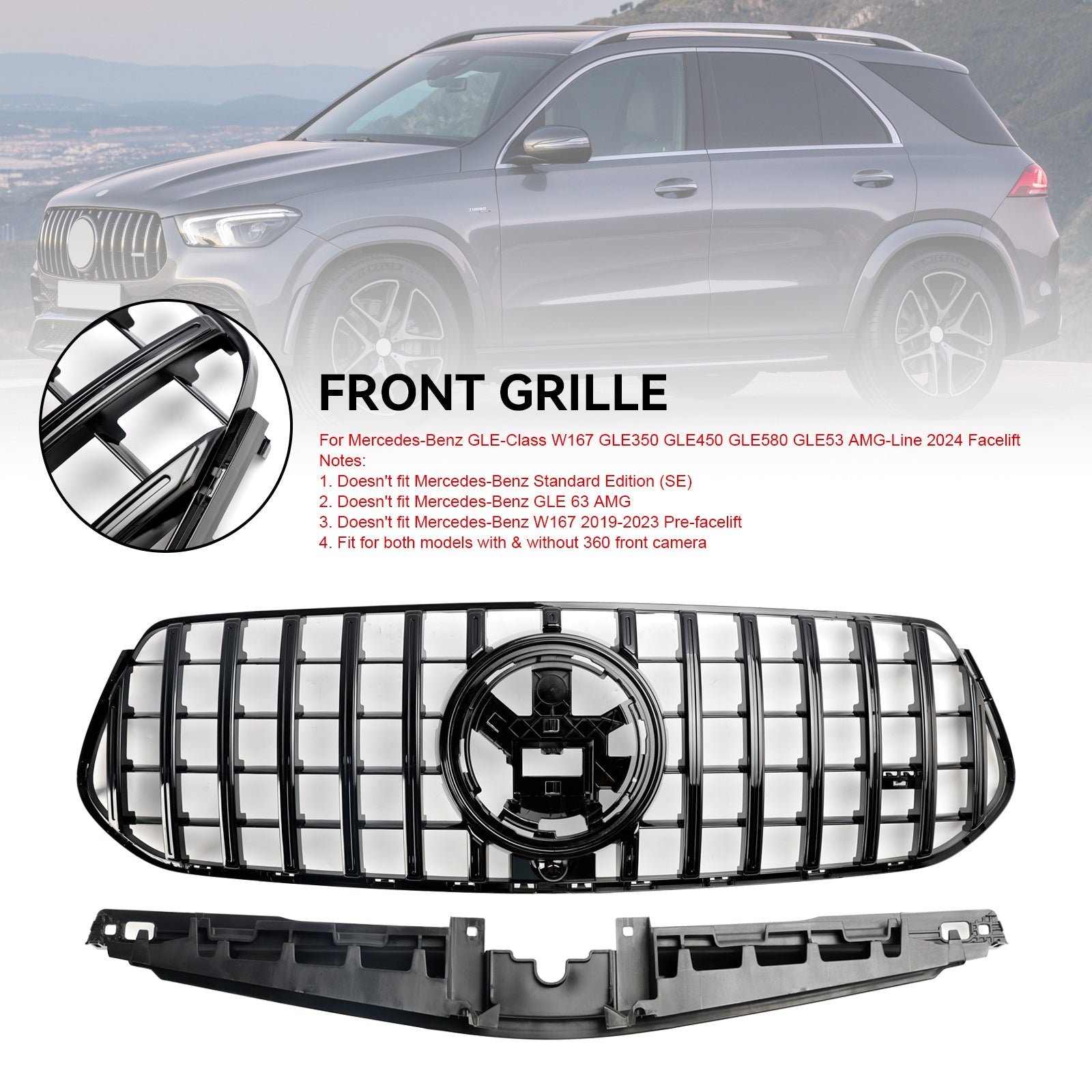 Front Bumper Grill Grille Fit Mercedes Benz W167 GLE350 GLE450 AMG-Line 2024