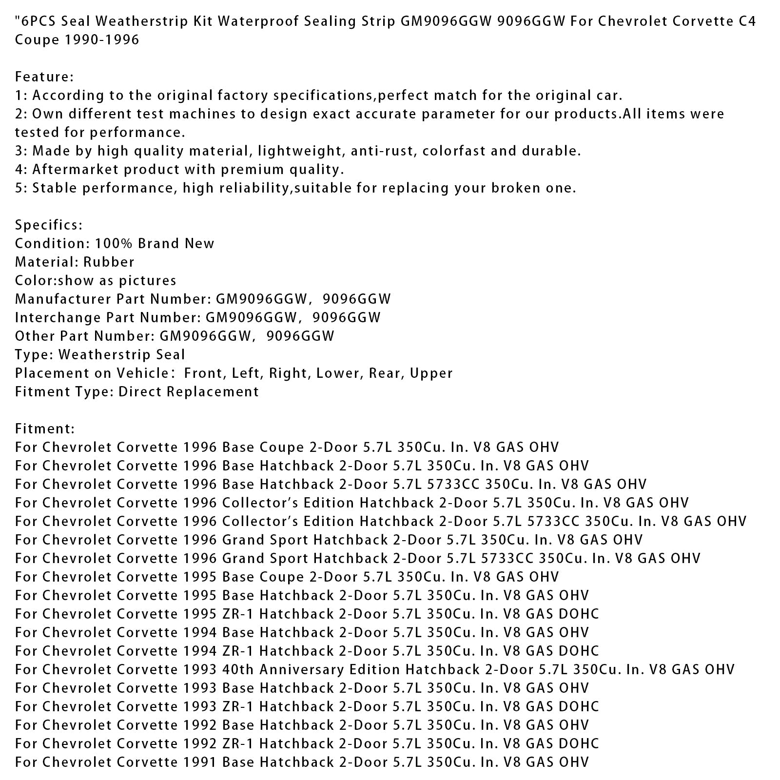 1984-1996 Chevrolet Corvette C4 Coupe Seal Weatherstrip Kit Waterproof  9096GGW