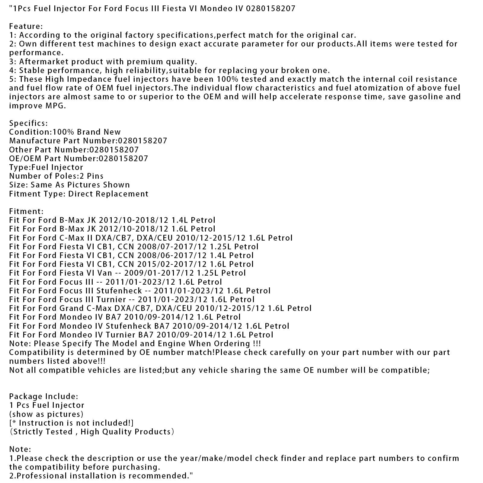 1Pcs Fuel Injector For Ford Focus III Fiesta VI Mondeo IV 0280158207