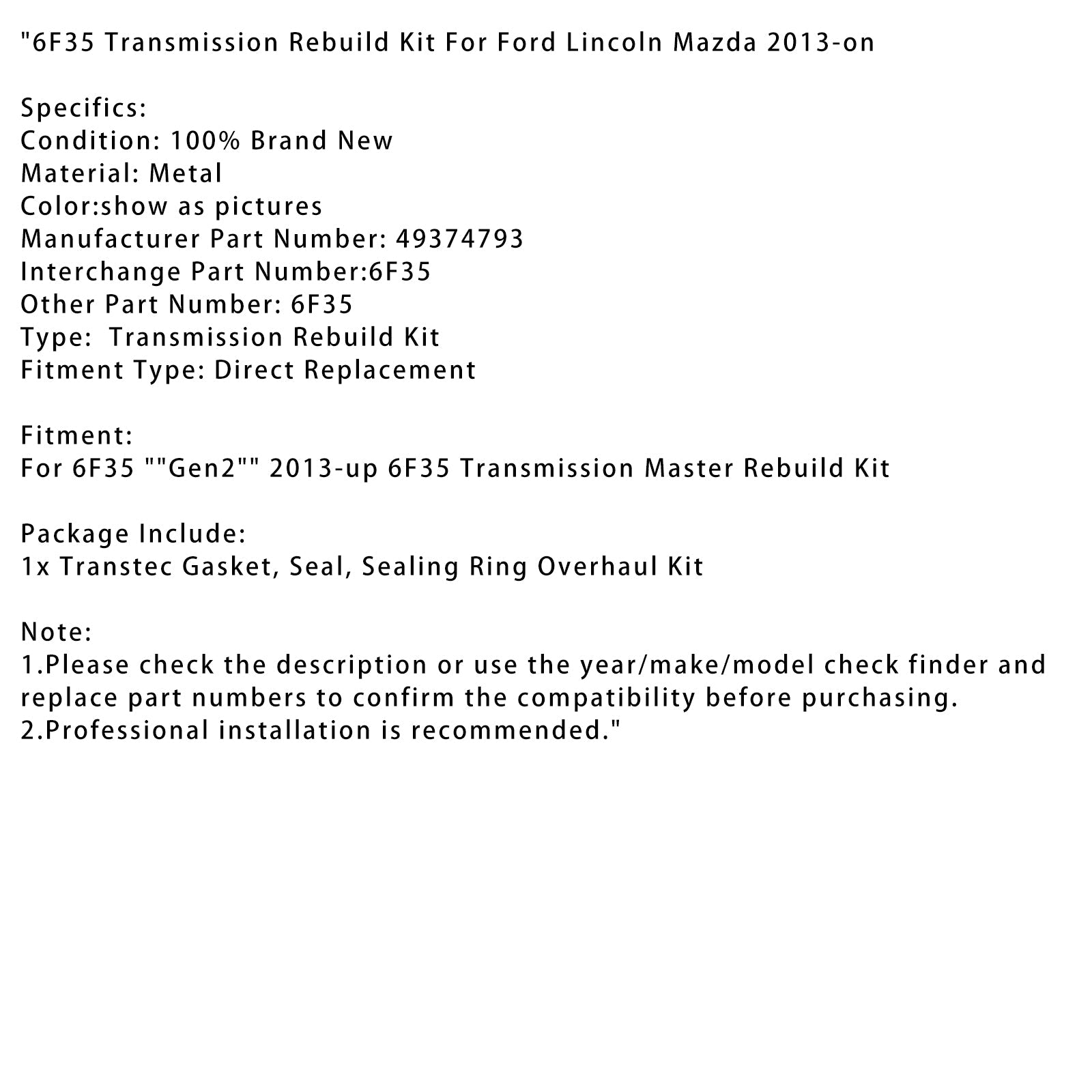 2013-on Ford Lincoln Mazda Transmission Rebuild Kit 6F35
