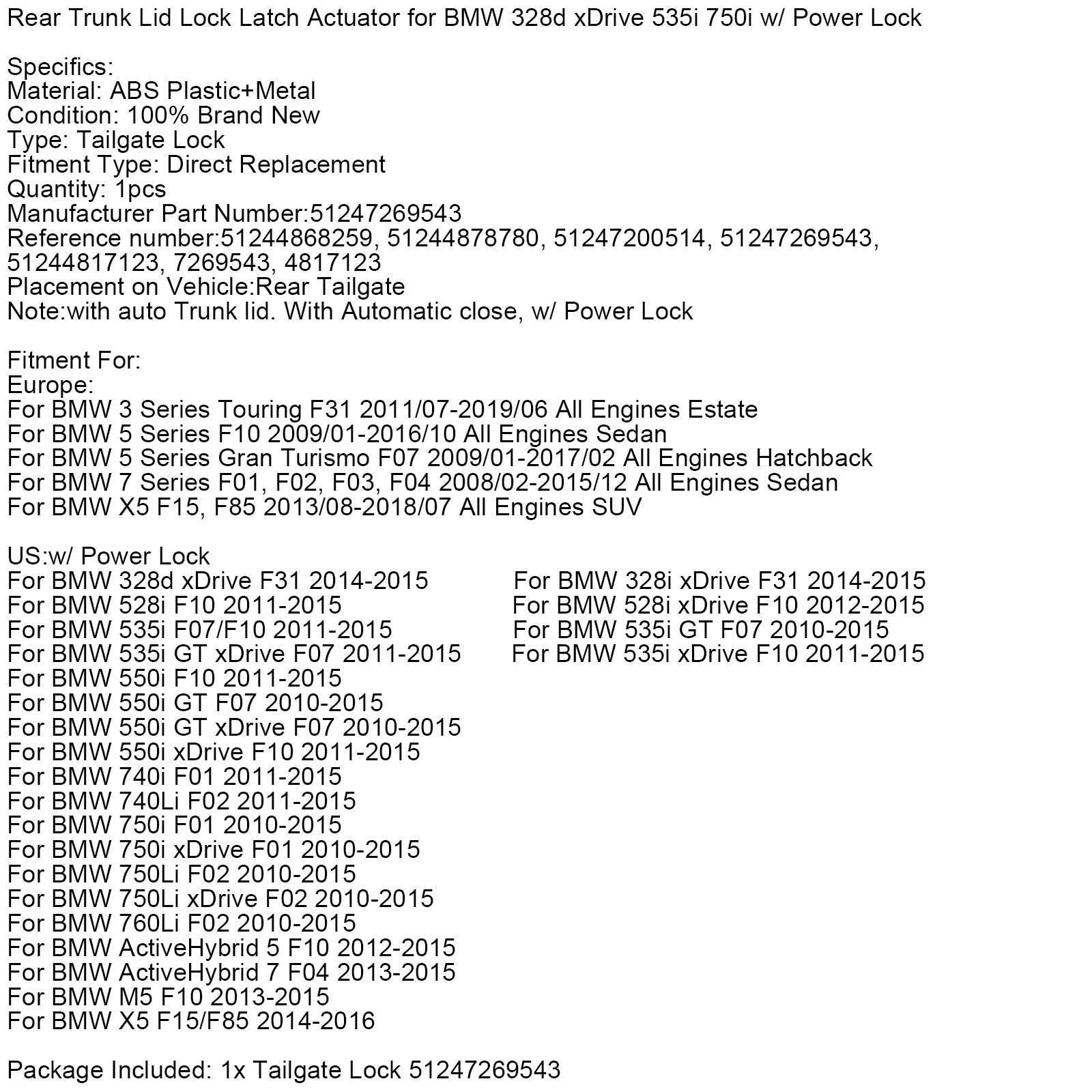 2014-2016 BMW X5 F15/F85 Rear Trunk Lid Lock Latch Actuator 51247269543