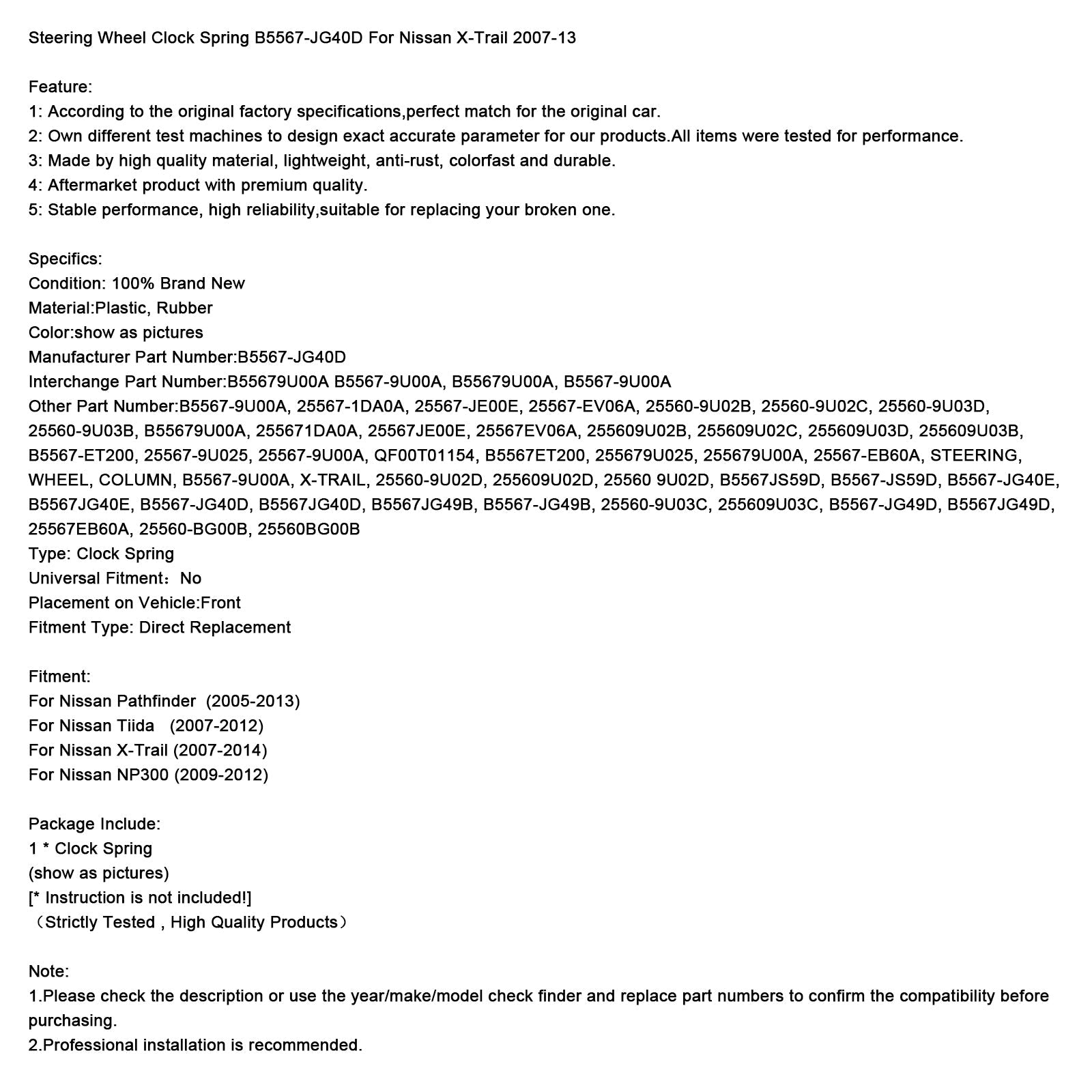 Steering Wheel Clock Spring B5567-JG40D For Nissan X-Trail 2007-13