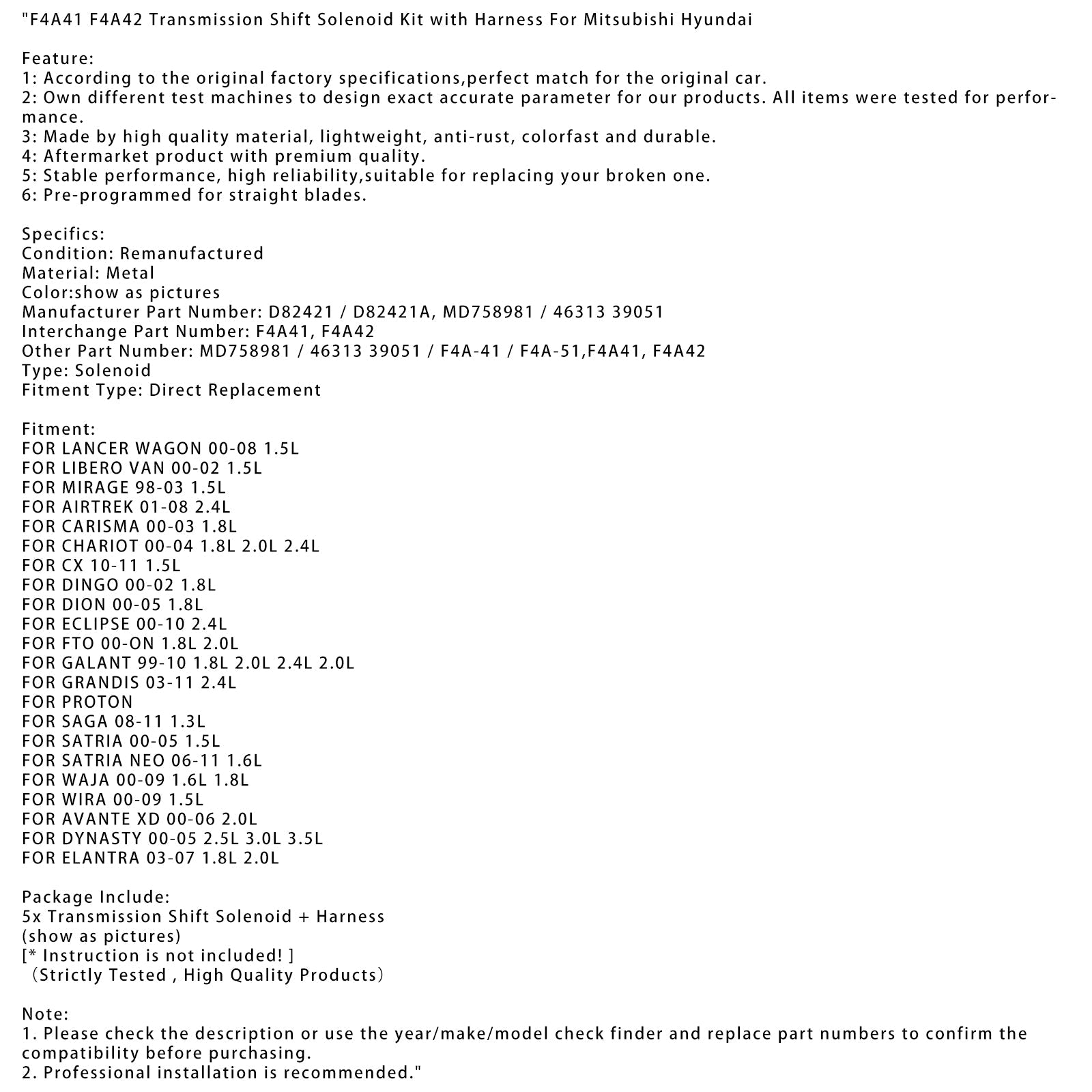 2000-2005 SATRIA1.5L Transmission Shift Solenoid Kit with Harness F4A41 F4A42