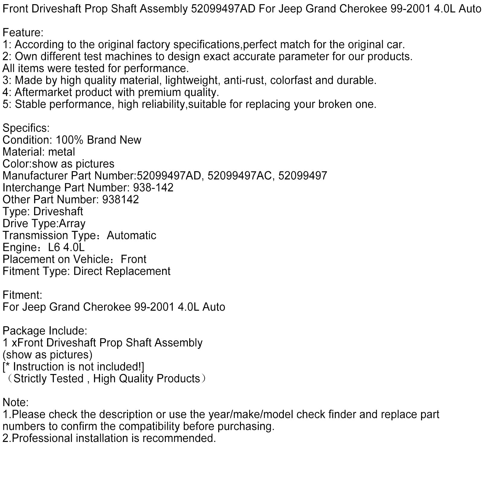 1999-2001 지프 그랜드 체로키 4.0L 프론트 드라이브샤프트 프로펠러 샤프트 어셈블리 52099497AD