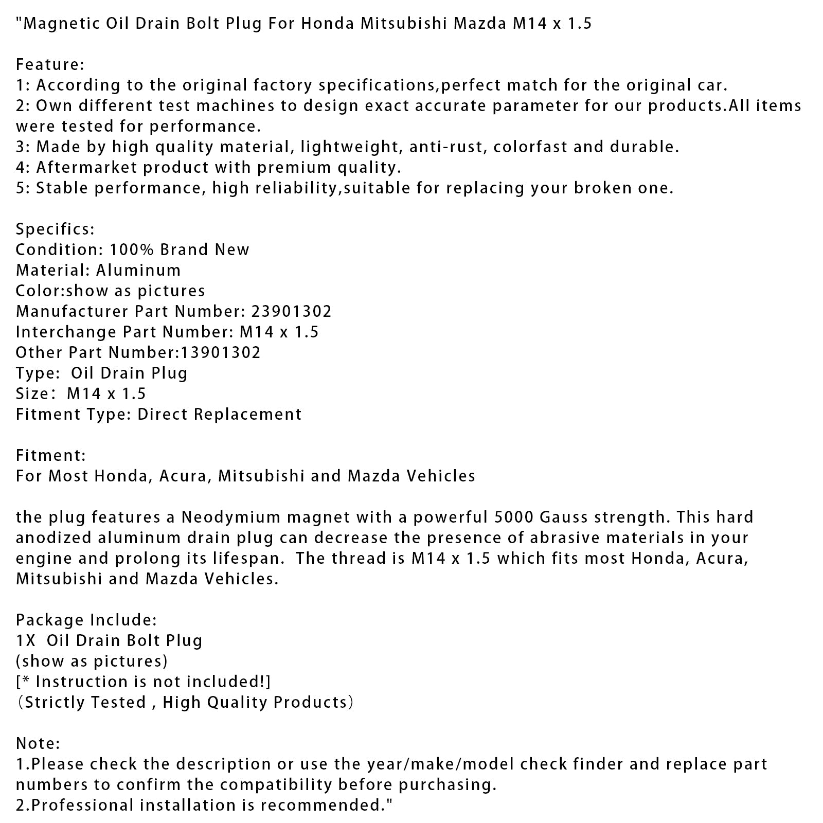 Magnetic Oil Drain Bolt Plug For Honda Mitsubishi Mazda M14 x 1.5