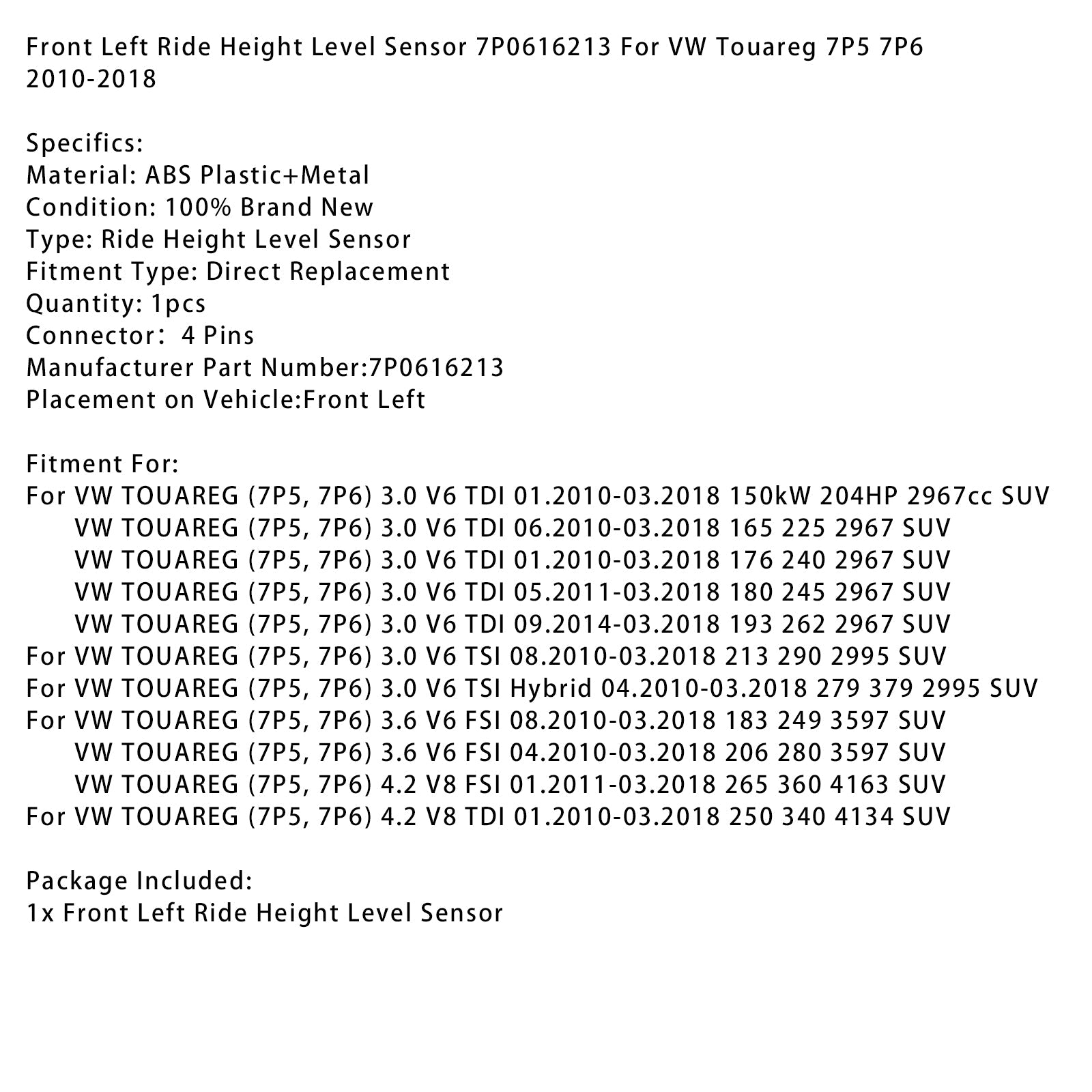 Front Left Ride Height Level Sensor 7P0616213 For VW Touareg 7P5 7P6 2010-2018