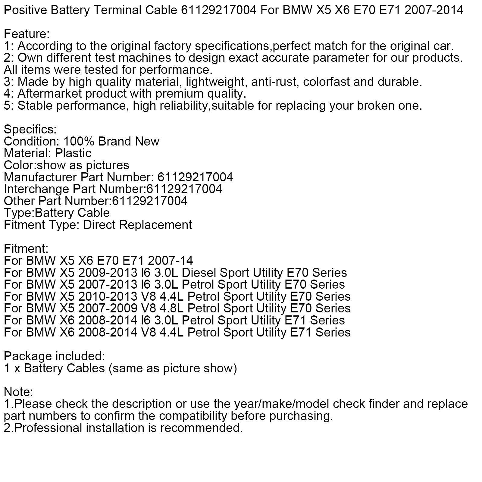 Positive Battery Terminal Cable 61129217004 For BMW X5 X6 E70 E71 2007-2014
