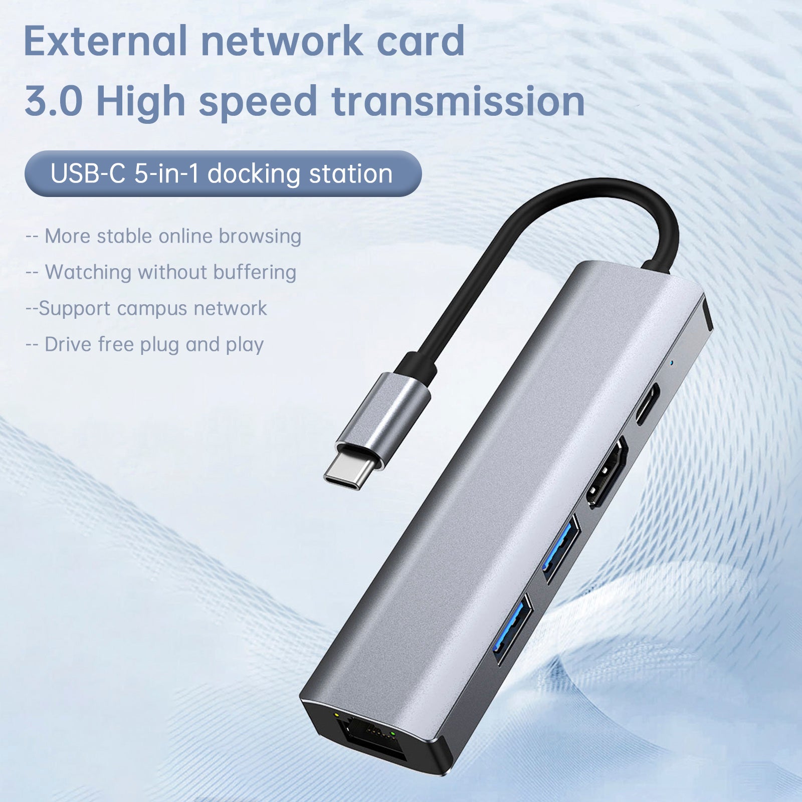 5 in 1 TYPE-C to USB3.0*1+USB2.0*1+PD100W/USB-C Data+HDMI+100M Network Card iPad