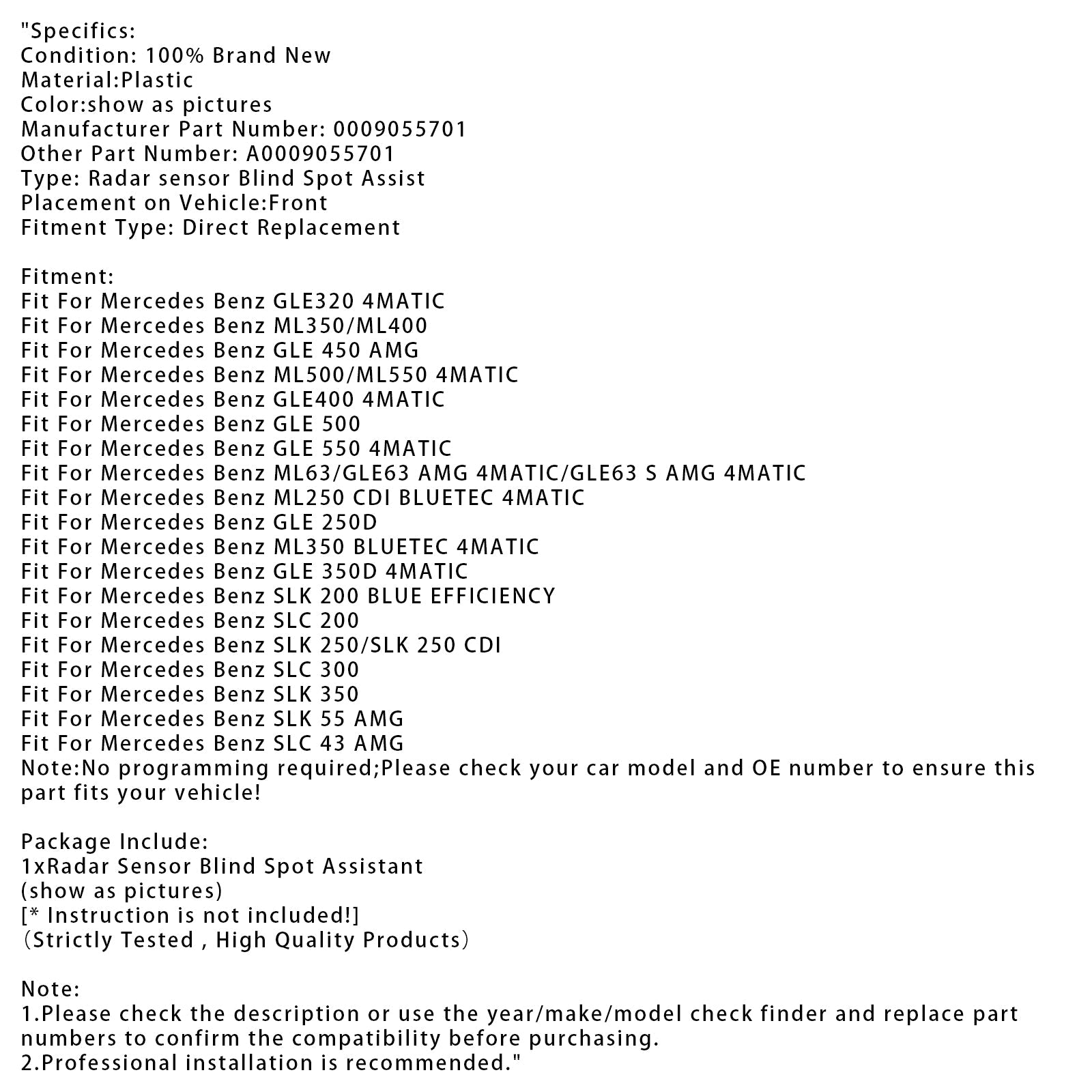 New Radar Sensor Blind Spot 0009055701 For Mercedes Benz ML GLE SLK W166 R172