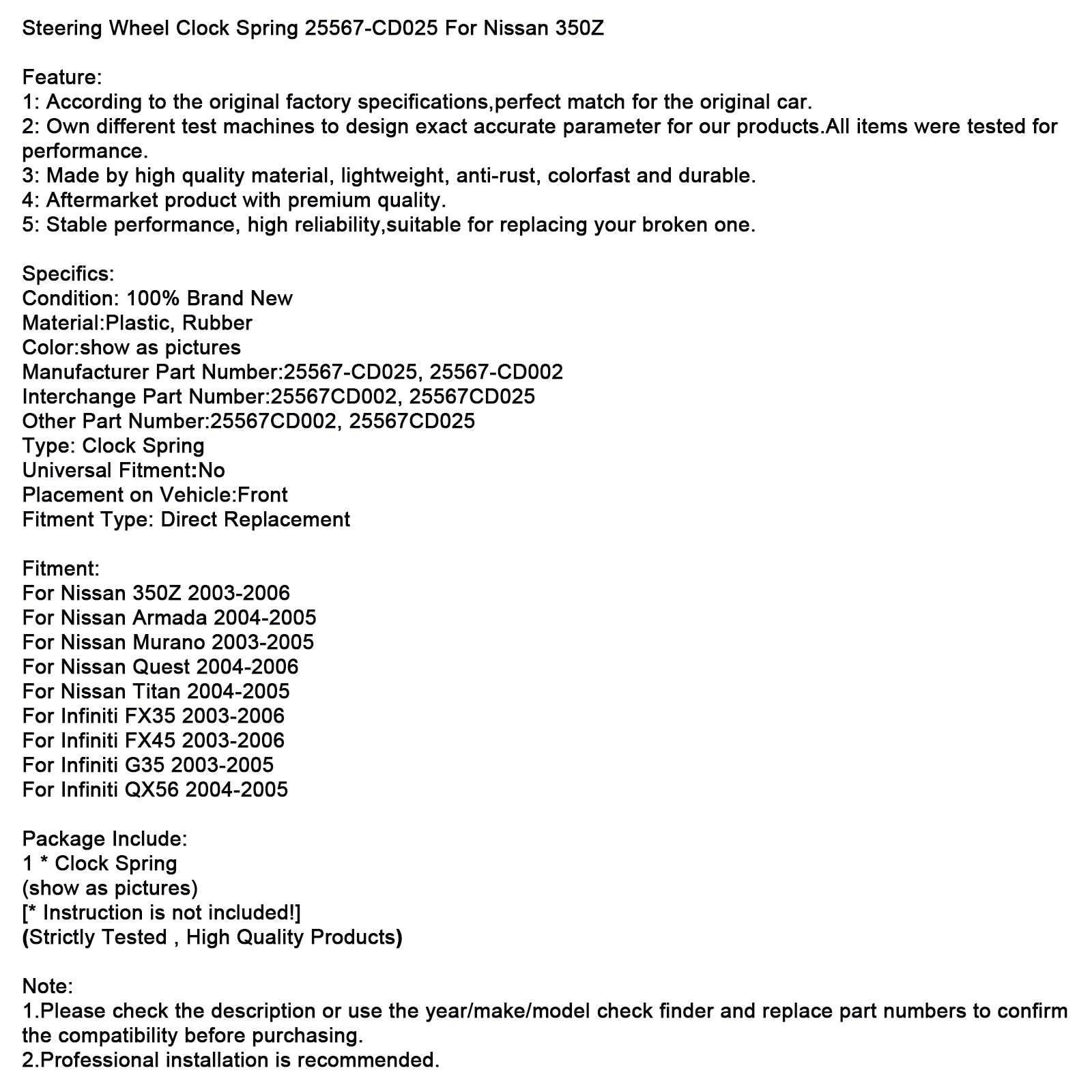 Steering Wheel Clock Spring 25567-CD025 For Nissan 350Z