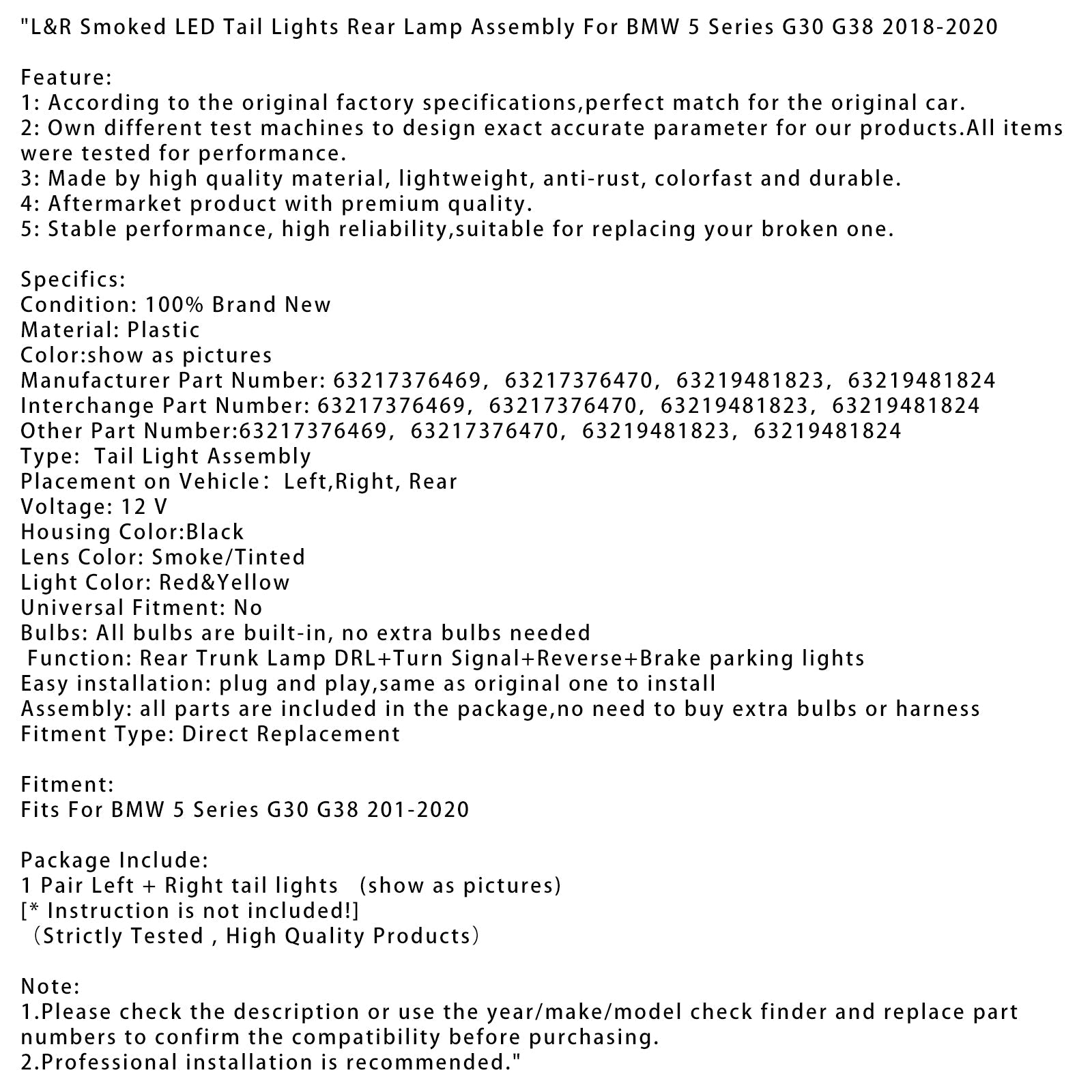 2018-2020 BMW 5 G30 G38 L&R Smoked LED Tail Lights Rear Lamp Assembly 63217376469 63217376470