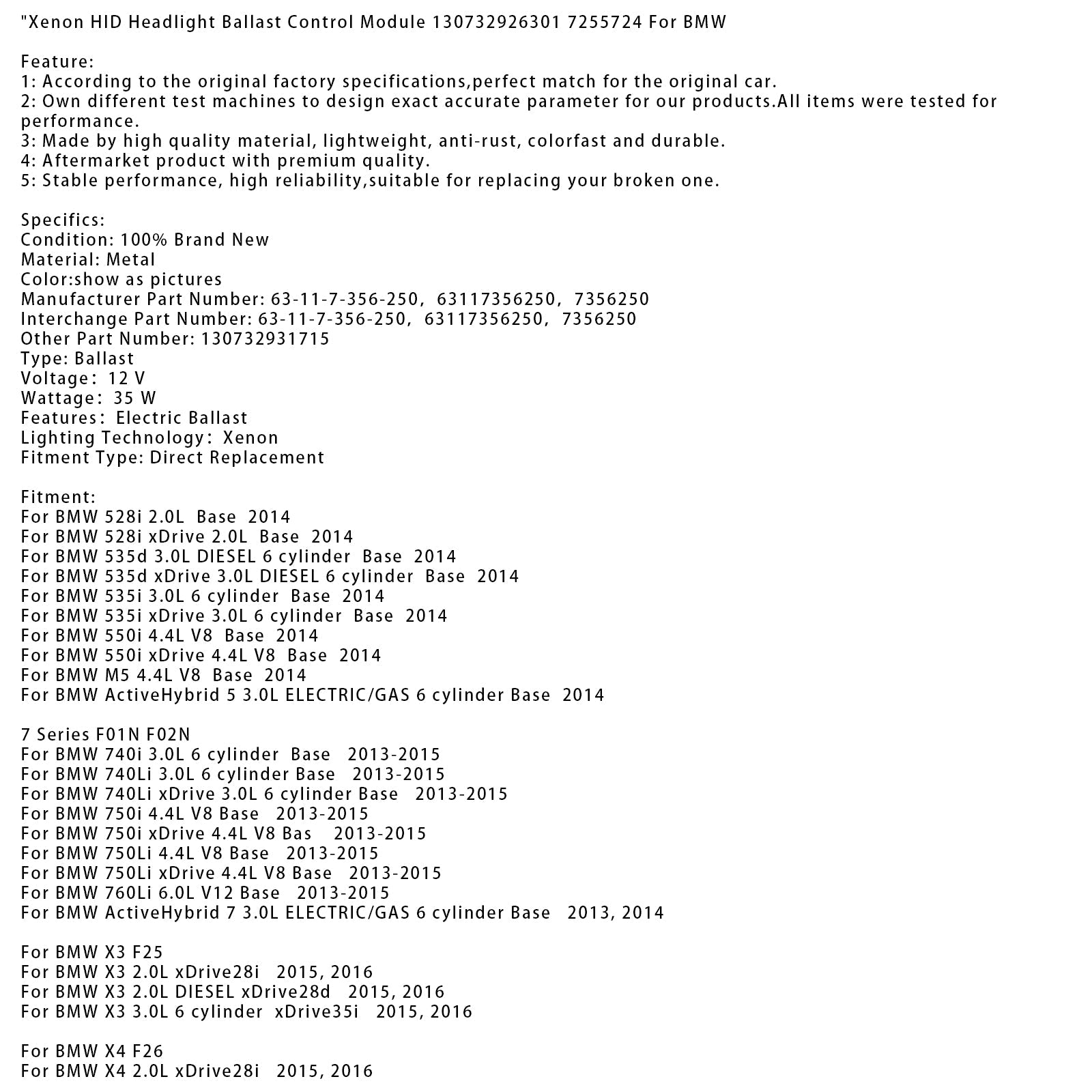 2014 BMW 550i xDrive 4.4L V8 Base Xenon HID Headlight Ballast Control Module 130732926301 7255724
