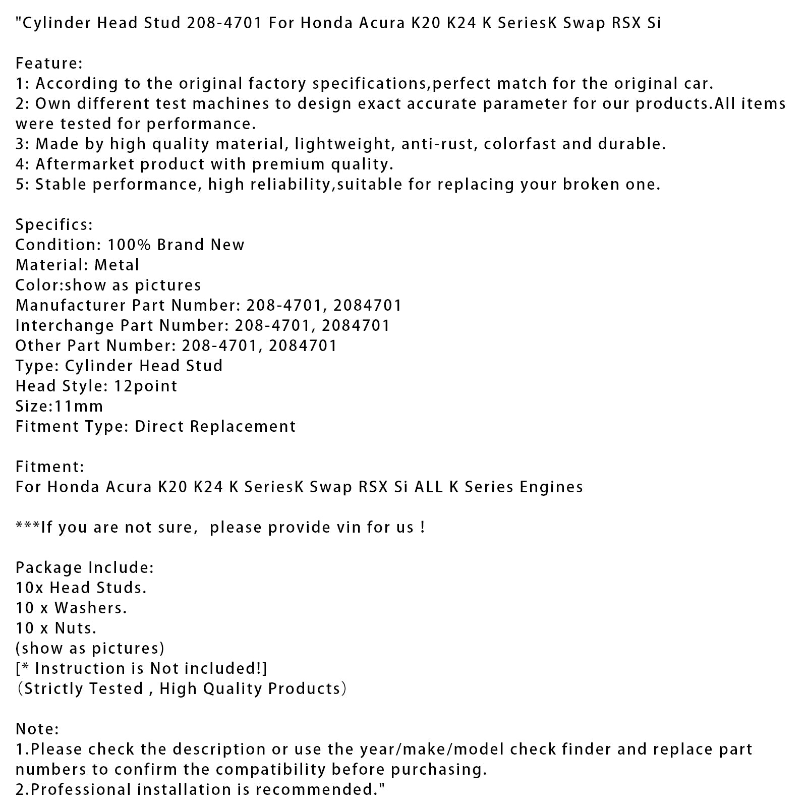 Honda Acura K20 K24 K SeriesK Swap RSX Si Cylinder Head Stud 208-4701 2084701