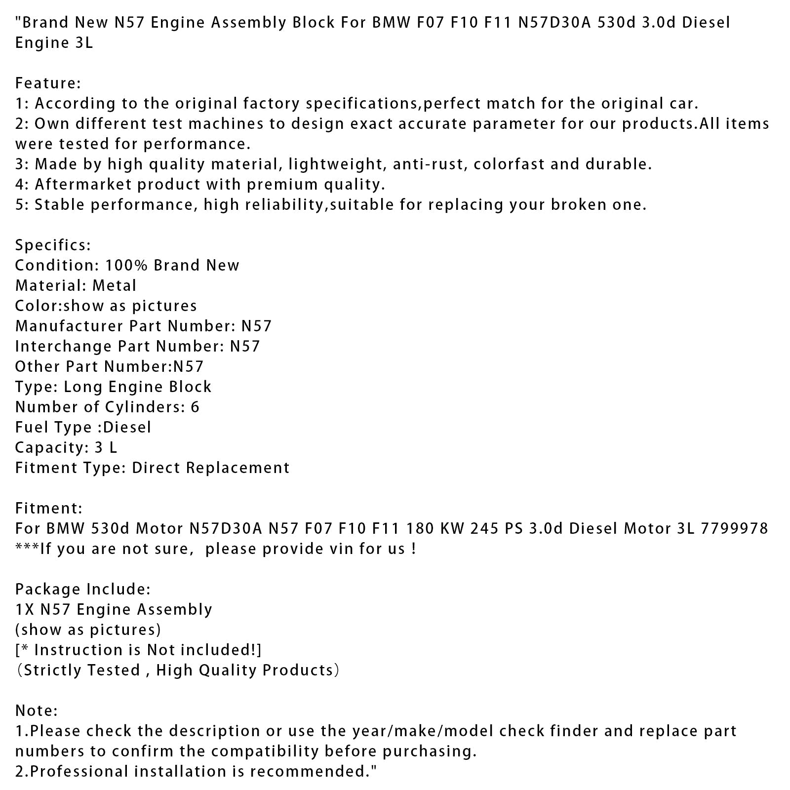 N57 Engine Assembly For BMW F07 F10 F11 N57D30A 530d 3.0d Diesel Engine 3L