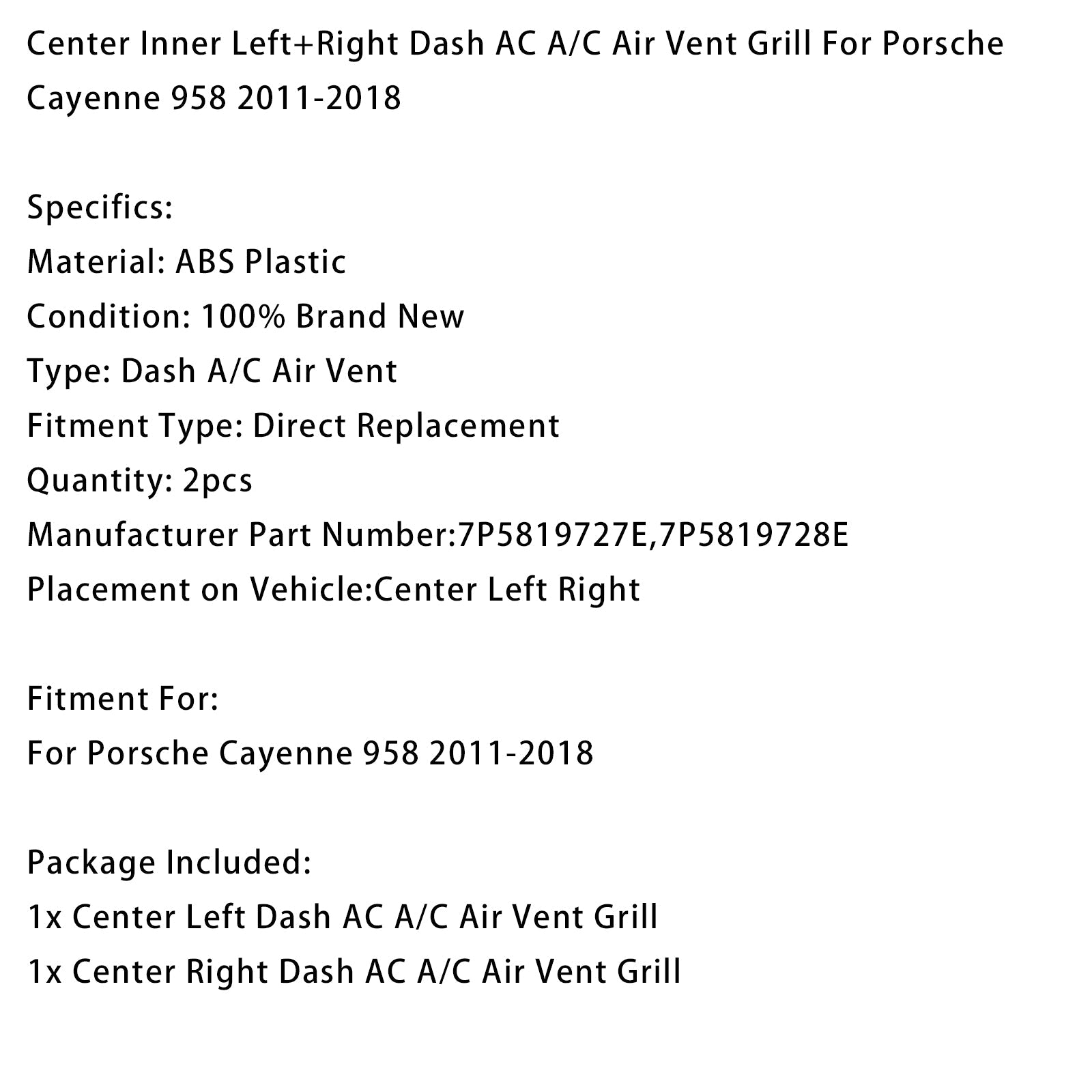 2011-2018 Porsche Cayenne 958 Center Left+Right Dash A/C Air Vent