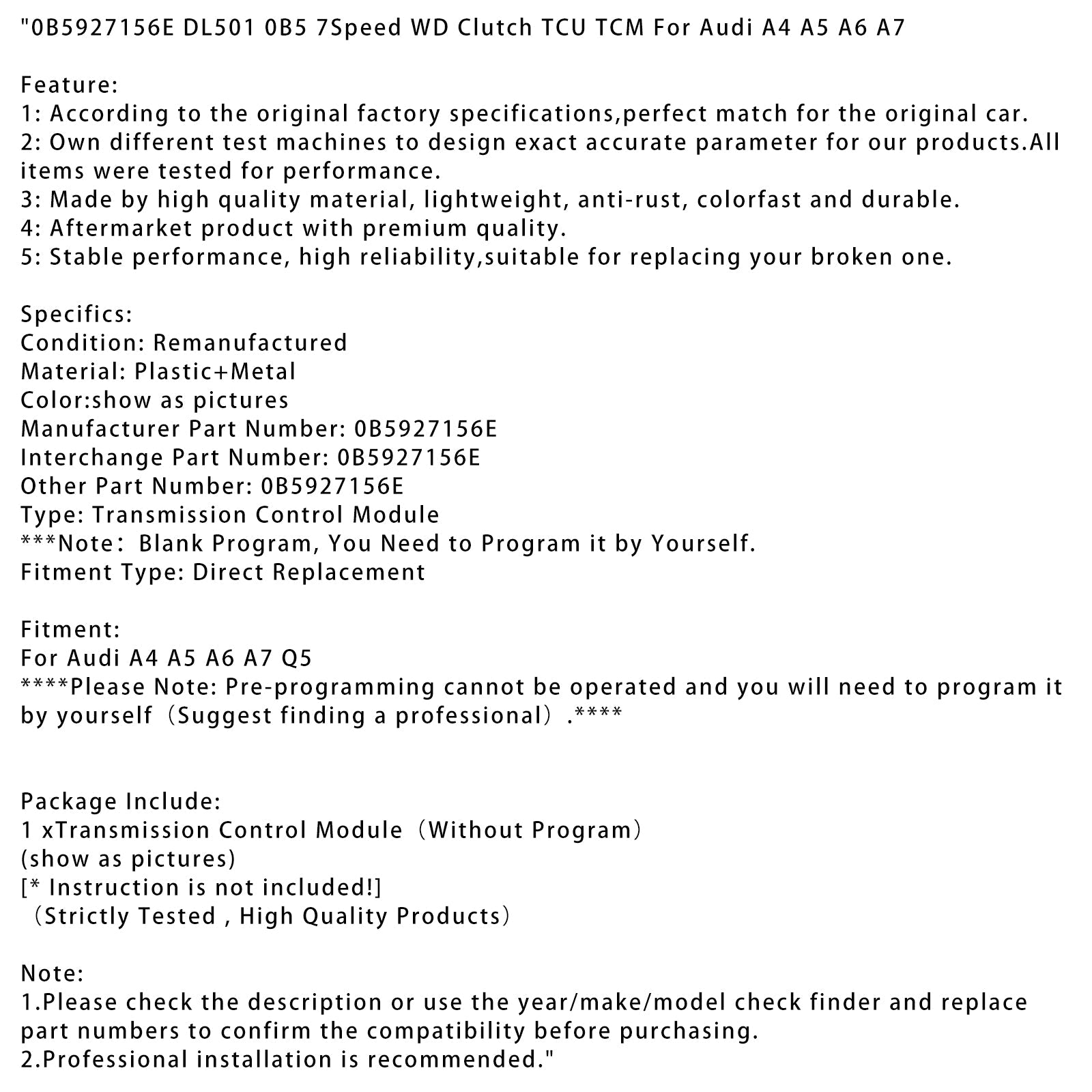 0B5927156E DL501 0B5 7Speed WD Clutch TCU TCM For Audi A4 A5 A6 A7