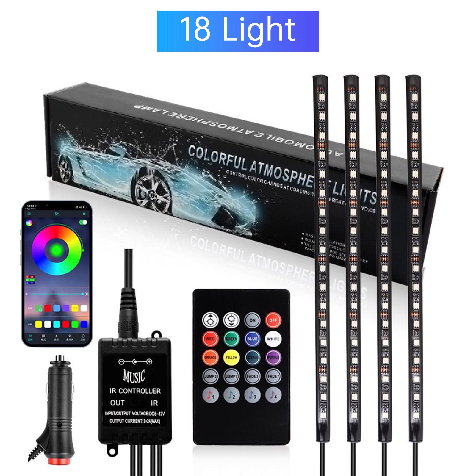 Car Interior Footwell Atmosphere RGB LED Strip Lights With Remote+ APP Control