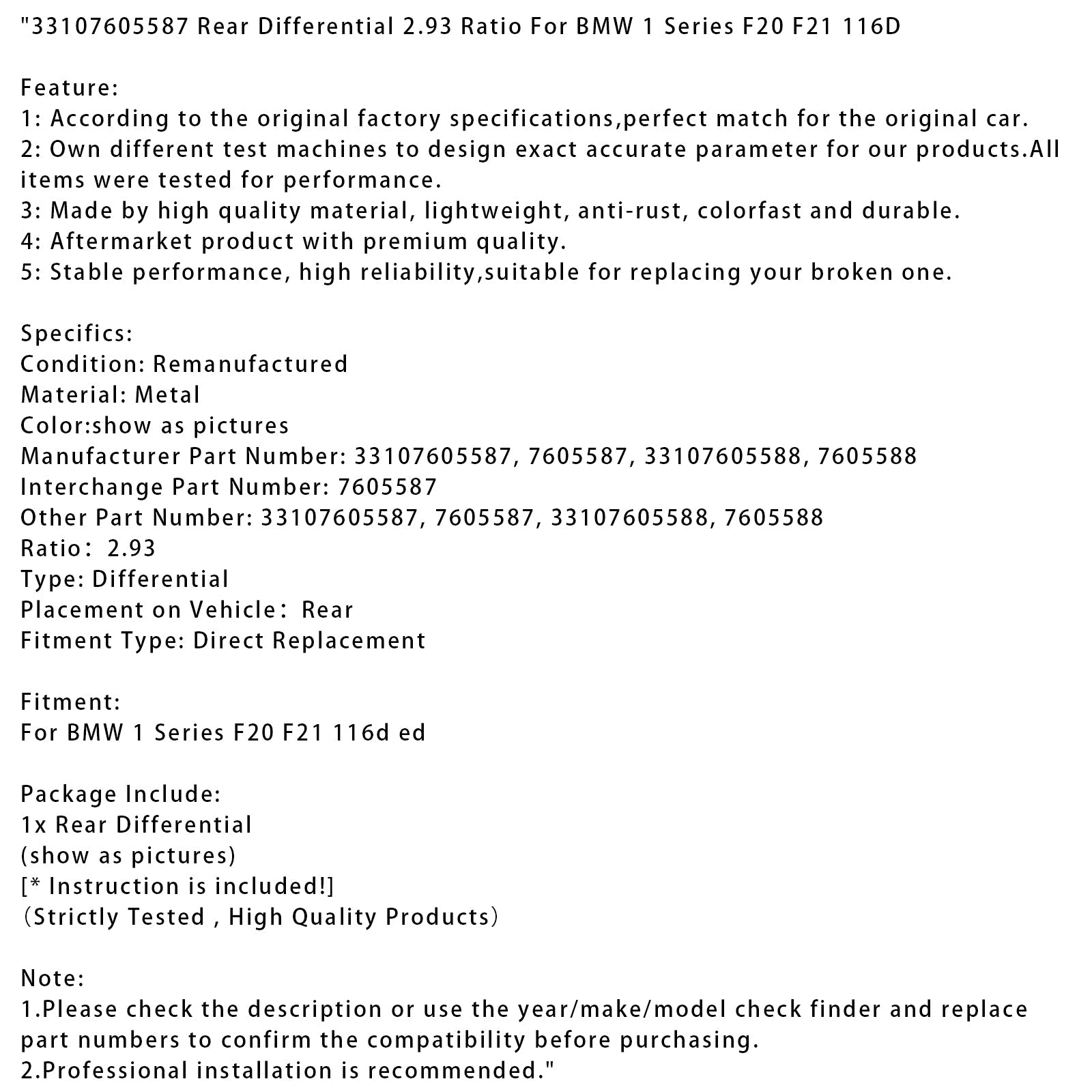 BMW 1 Series F20 F21 116D Rear Differential 2.93 Ratio 33107605587
