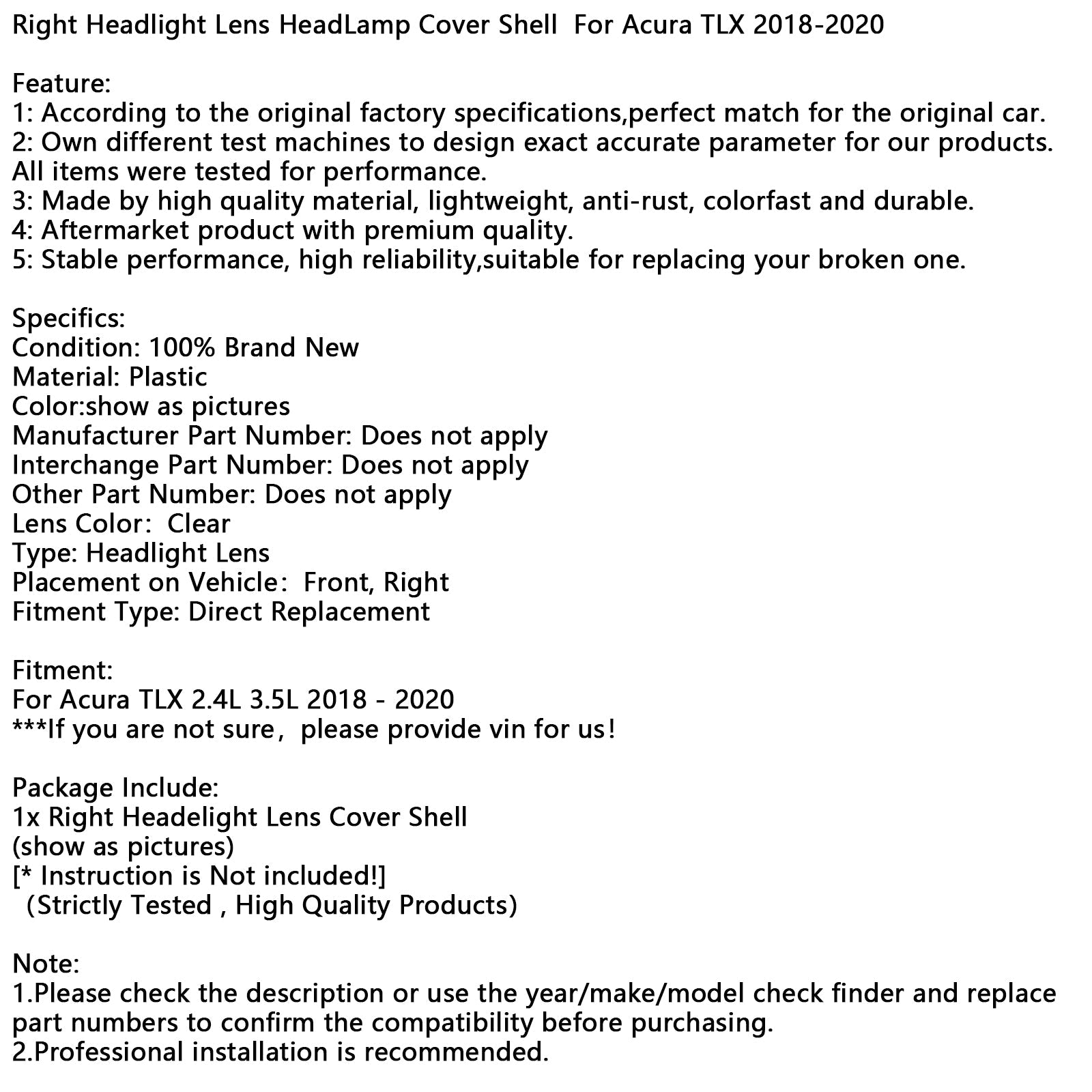 2018-2020 Acura TLX Right Headlight Lens HeadLamp Cover Shell