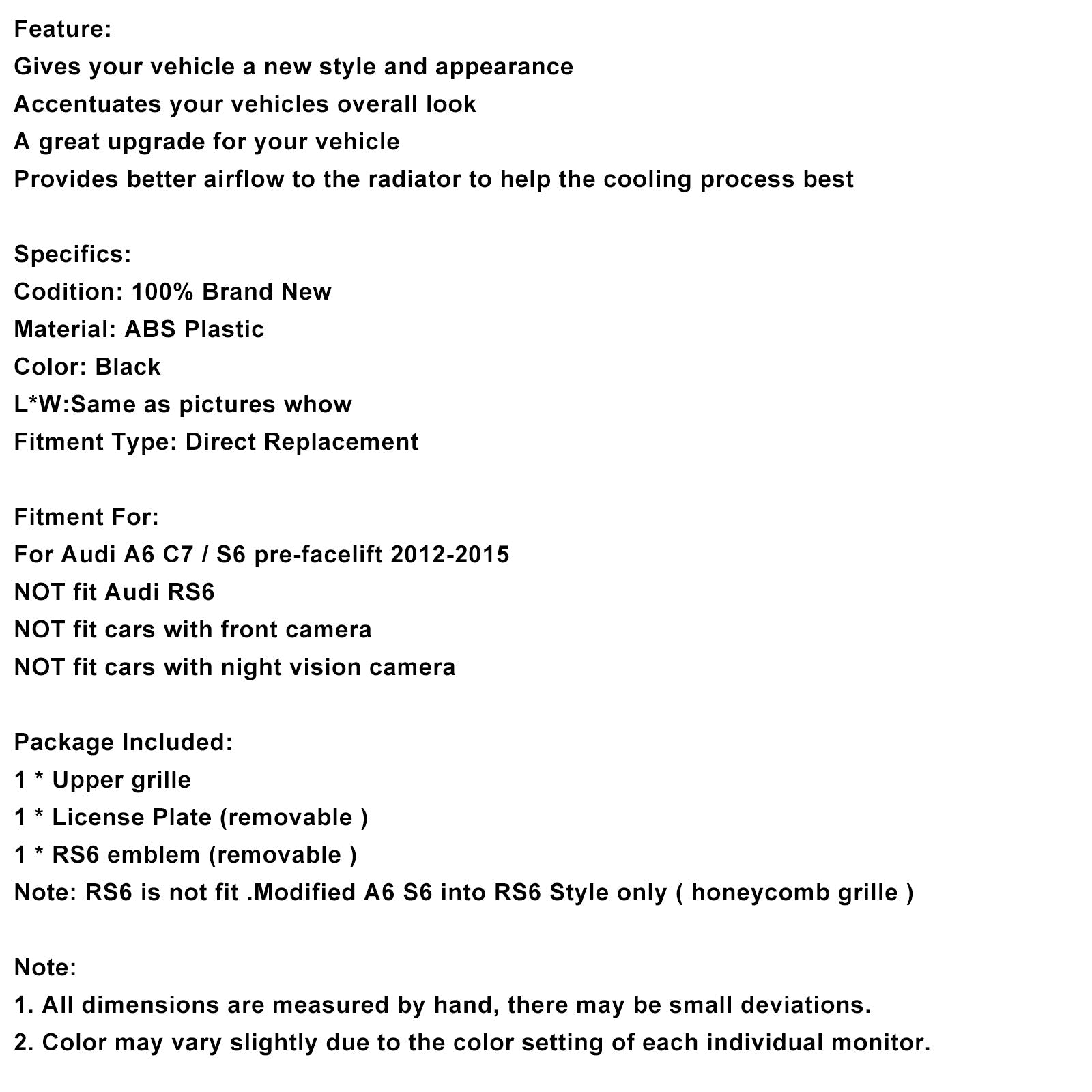 RS6 Style Front Mesh Honeycomb Grill Grille Fit Audi A6 S6 C7 2012-2015