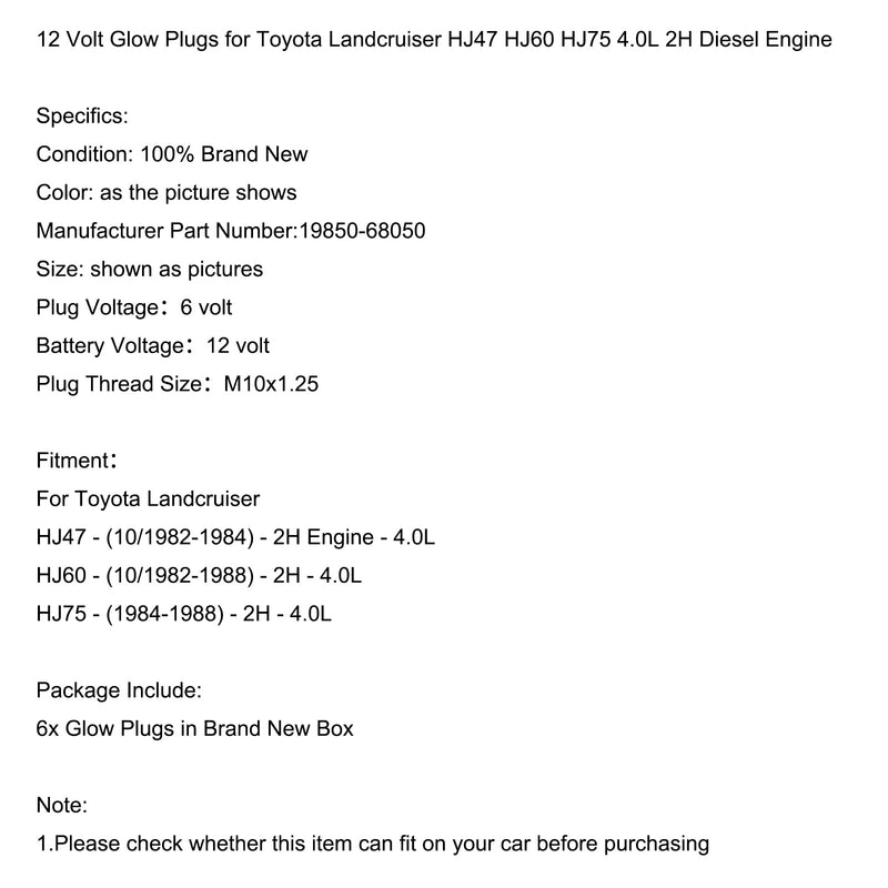 12 Volt Glow Plugs For Toyota Landcruiser Hj47 Hj60 Hj75 4.0L 2H Diesel Engine