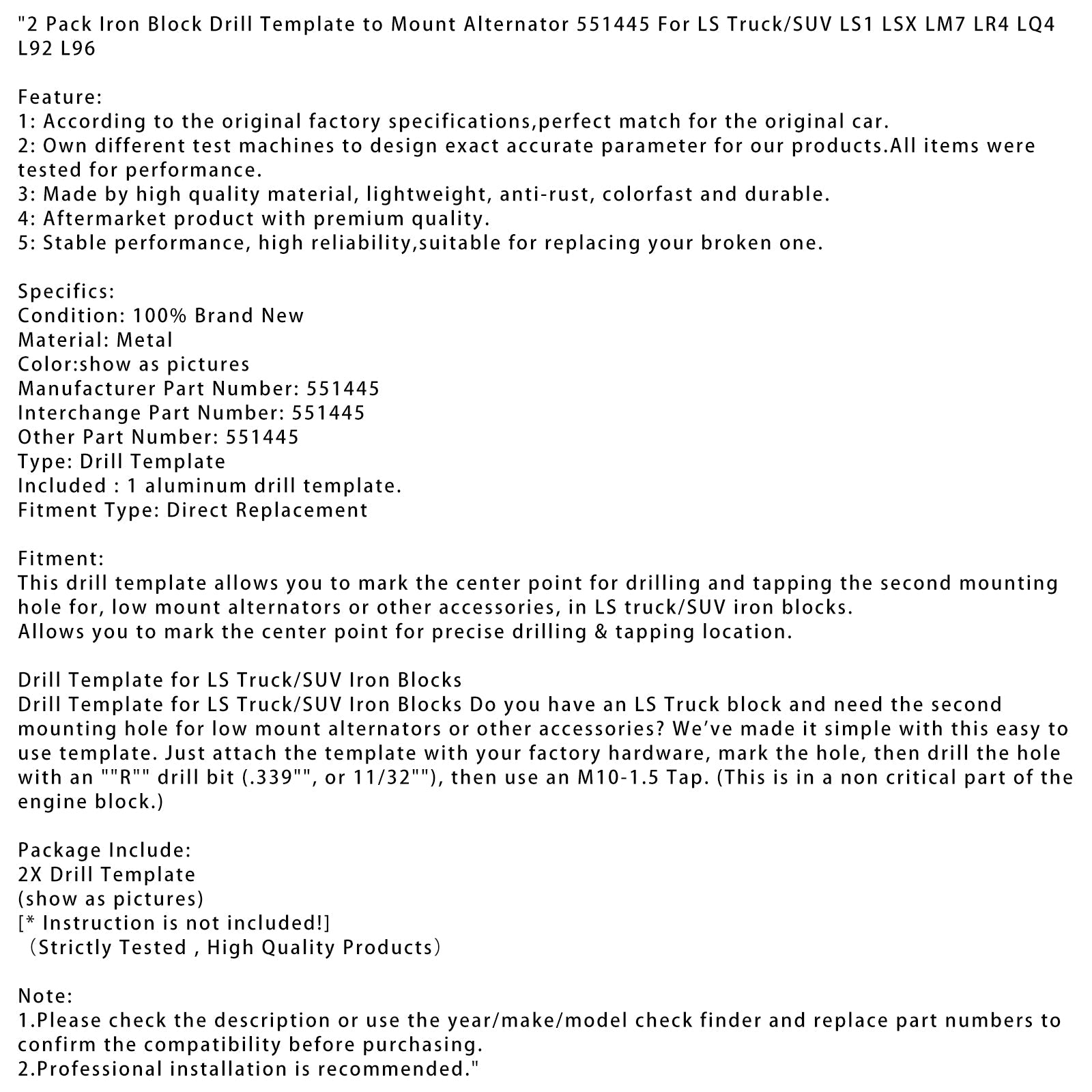 2 Pack Iron Block Drill Template to Mount Alternator 551445 For LS Truck/SUV LS1