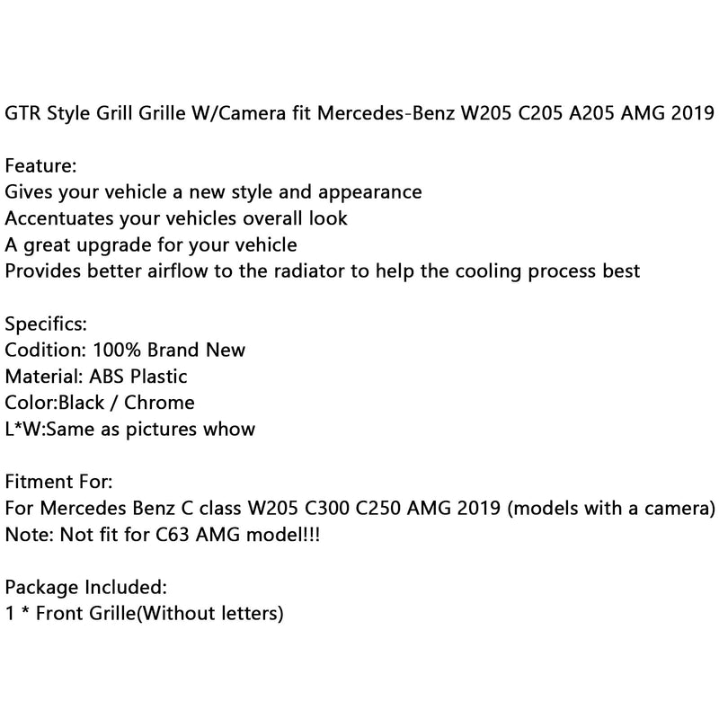 GTR Style Grill Grille مع كاميرا تناسب مرسيدس بنز W205 C205 A205 AMG 2019-2021