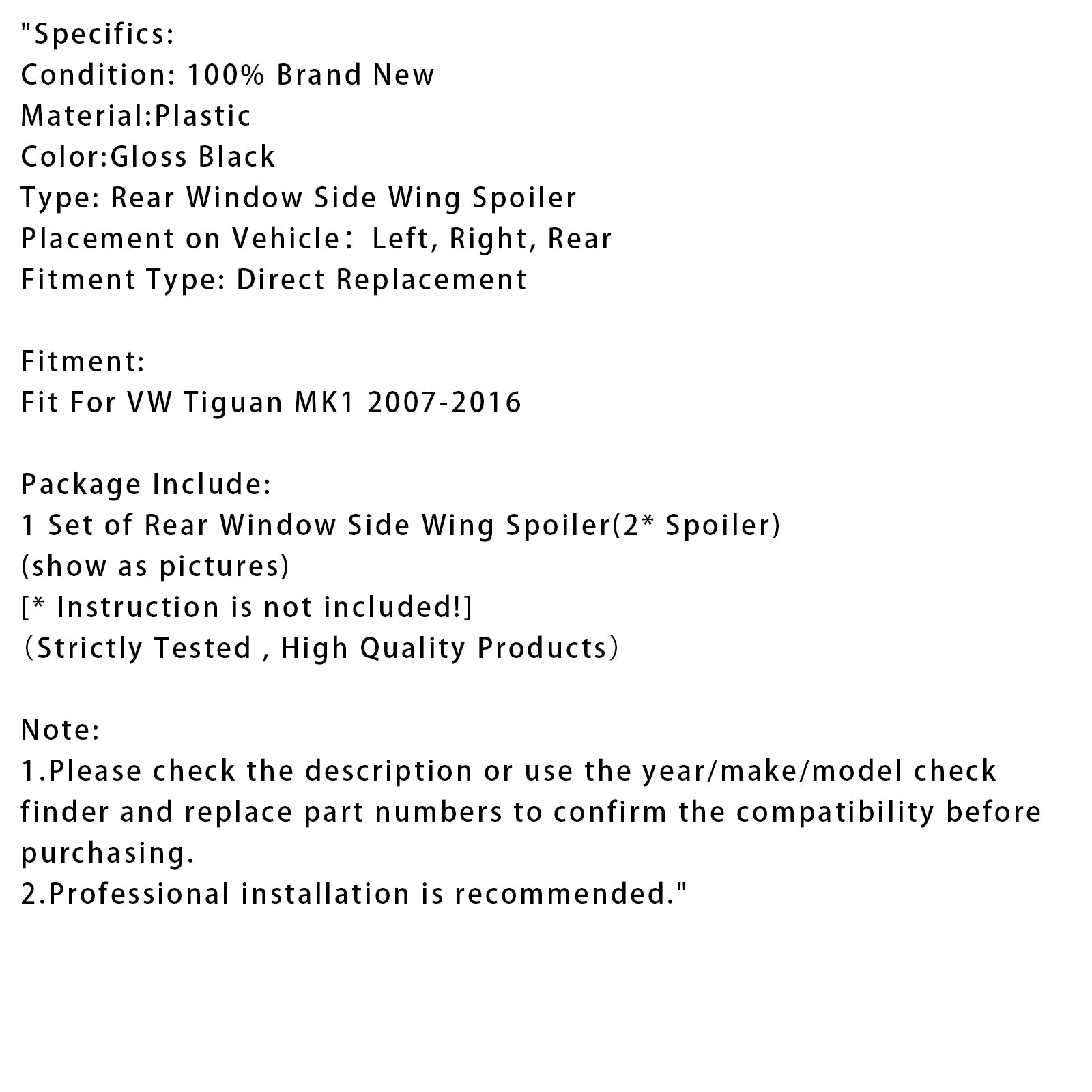 2007-2016 VW Tiguan MK1 Gloss Black Pair Rear Window Side Wing Spoiler